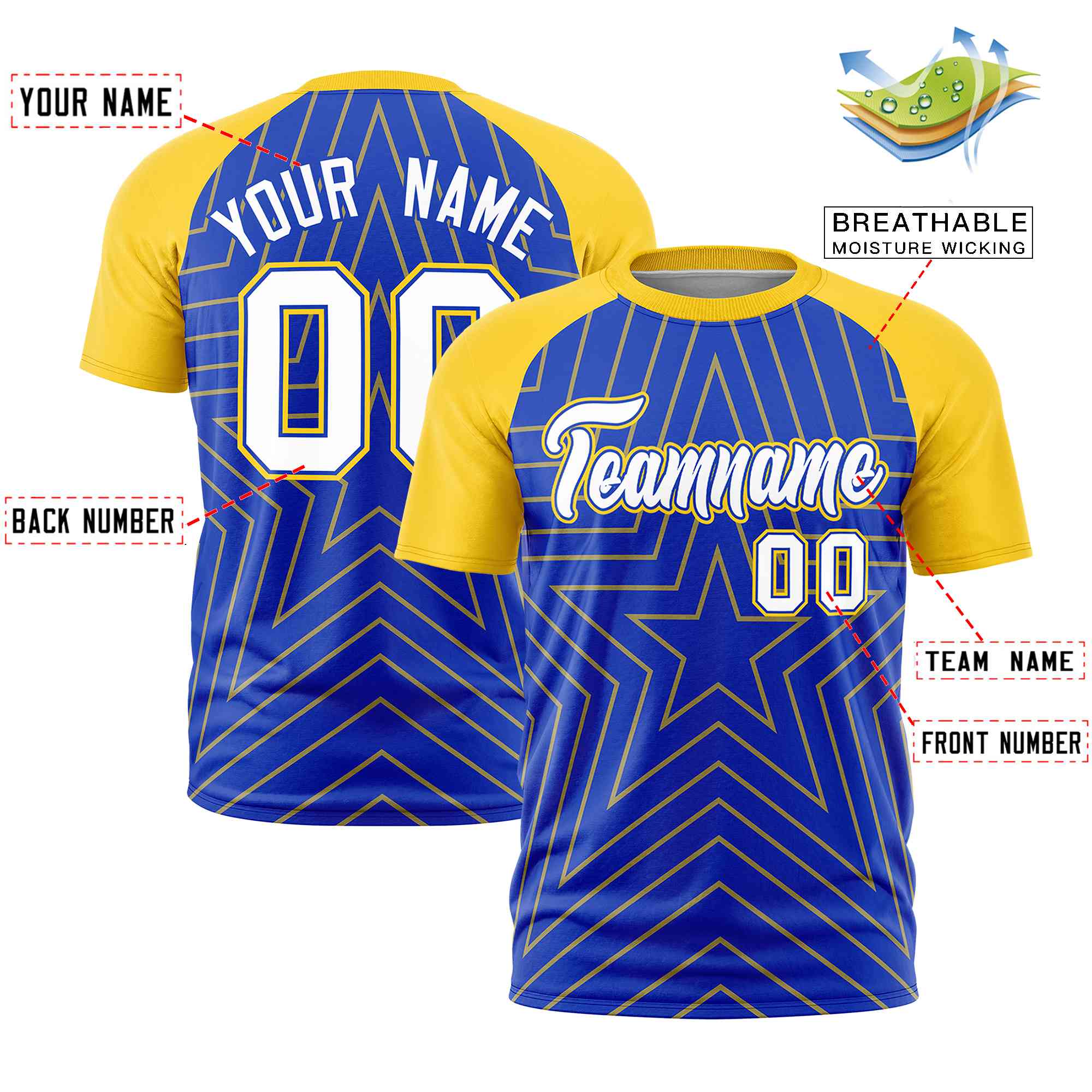 Custom Royal Gold Personalized Star Pattern Raglan Sleeves Performance T-Shirt