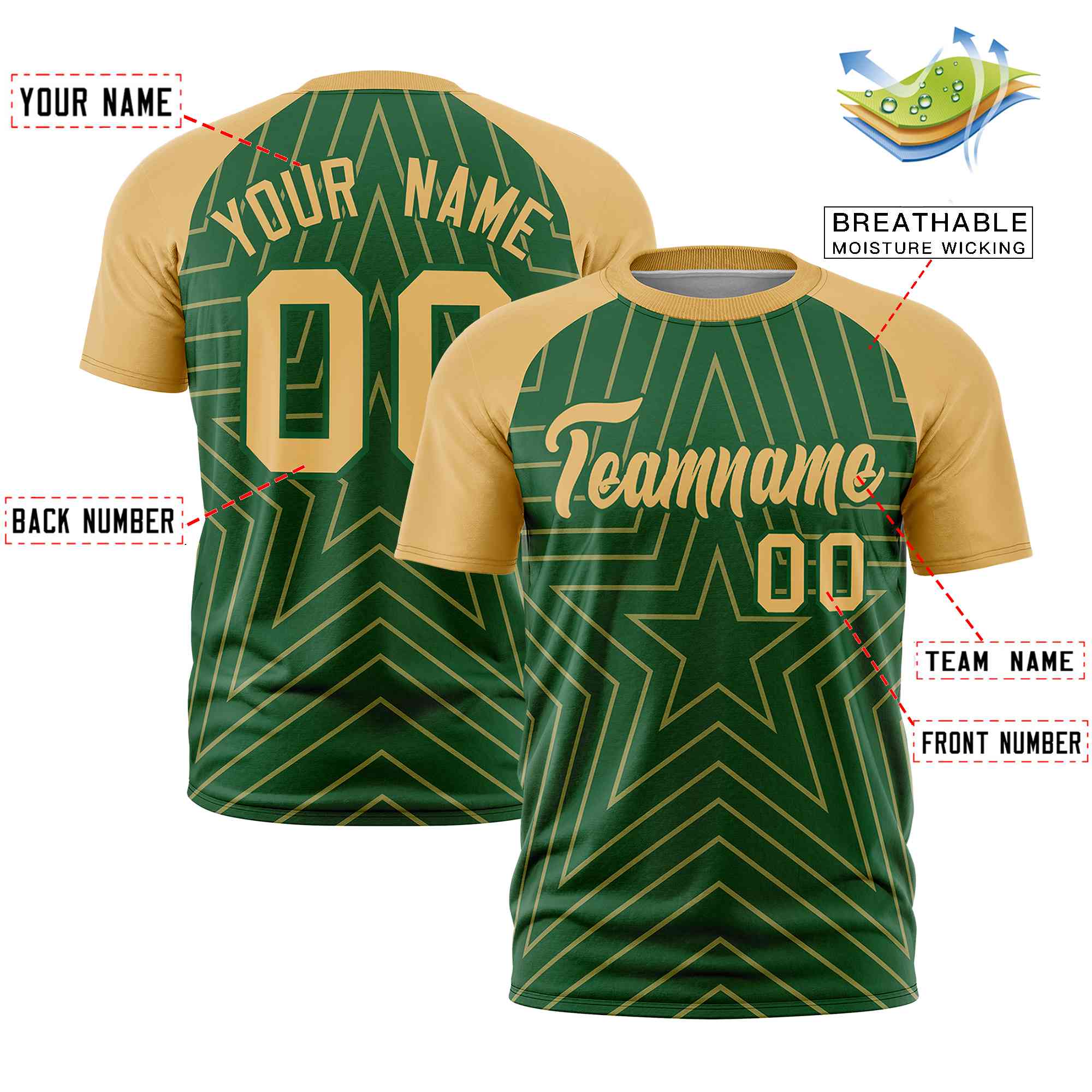 Custom Green Old Gold Personalized Star Pattern Raglan Sleeves Performance T-Shirt