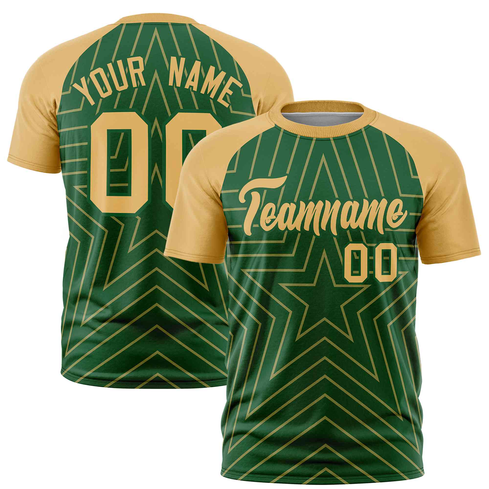 Custom Green Old Gold Personalized Star Pattern Raglan Sleeves Performance T-Shirt