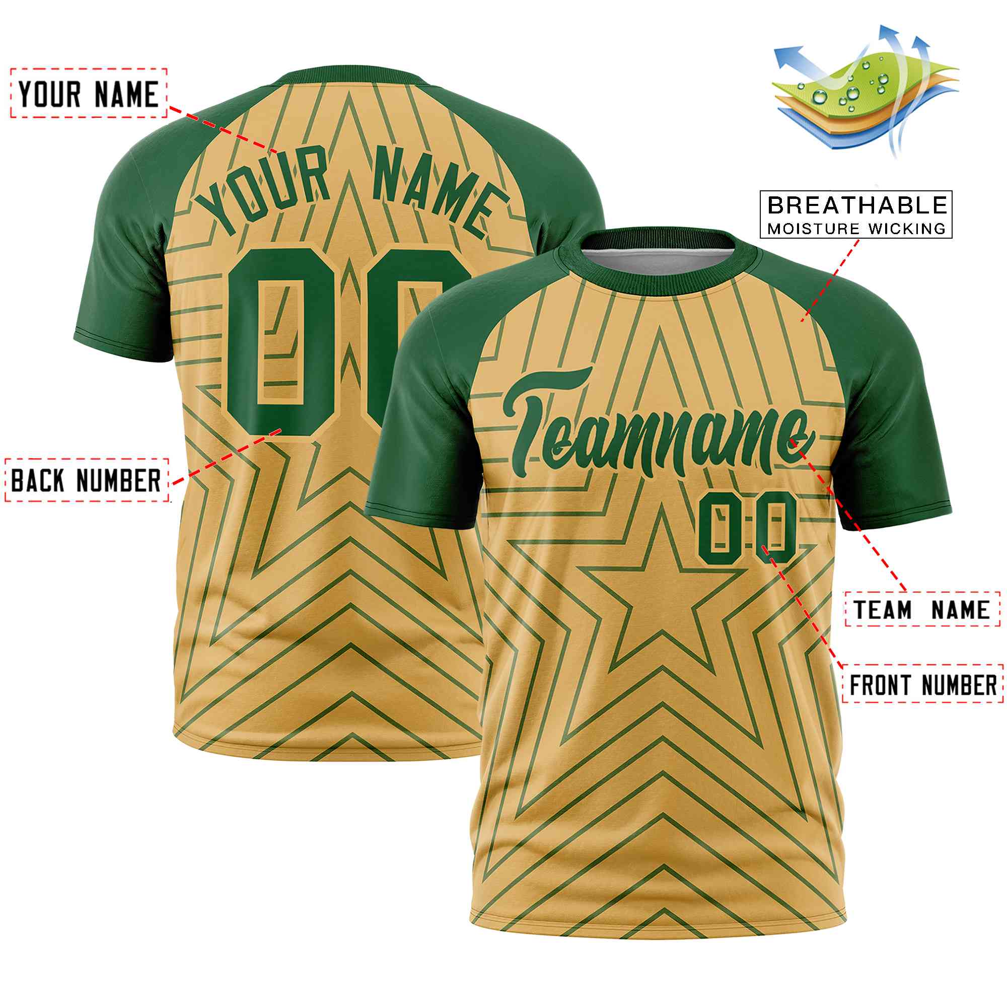 Custom Old Gold Green Personalized Star Pattern Raglan Sleeves Performance T-Shirt