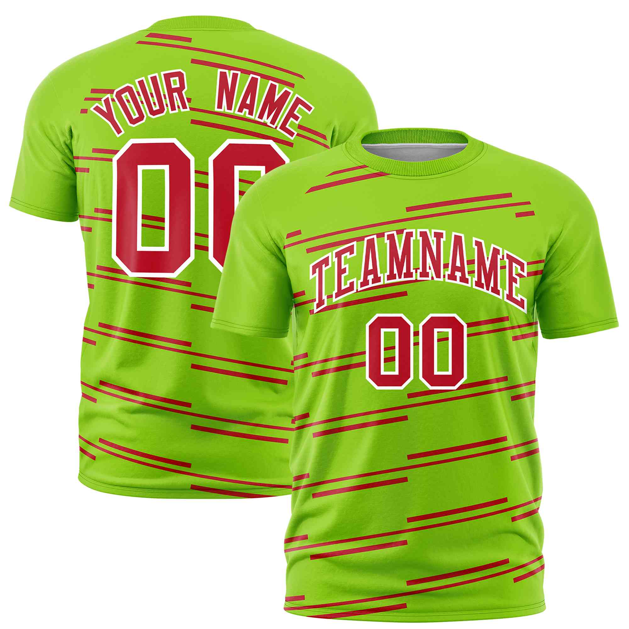 Custom Neon Green Red Personalized Slanting Line Graffiti Pattern Performance T-Shirt