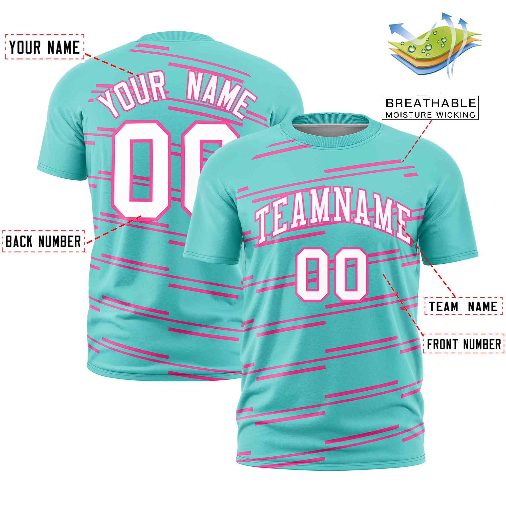 Custom Aqua Pink Personalized Slanting Line Graffiti Pattern Performance T-Shirt