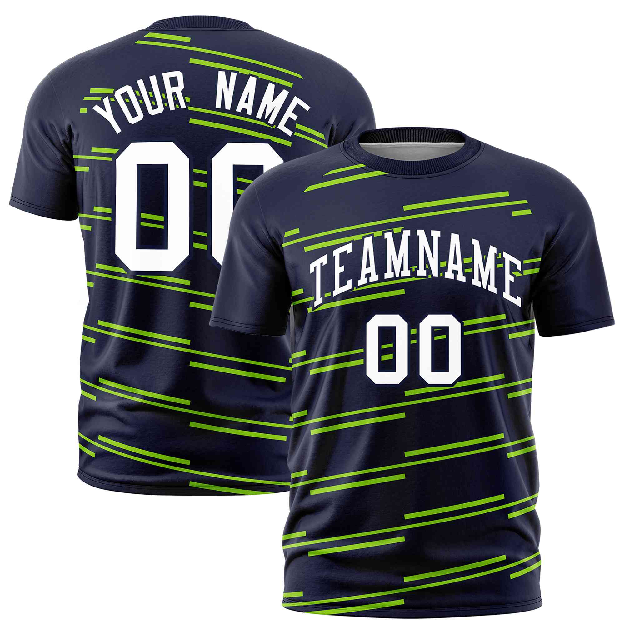 Custom Navy Neon Green Personalized Slanting Line Graffiti Pattern Performance T-Shirt