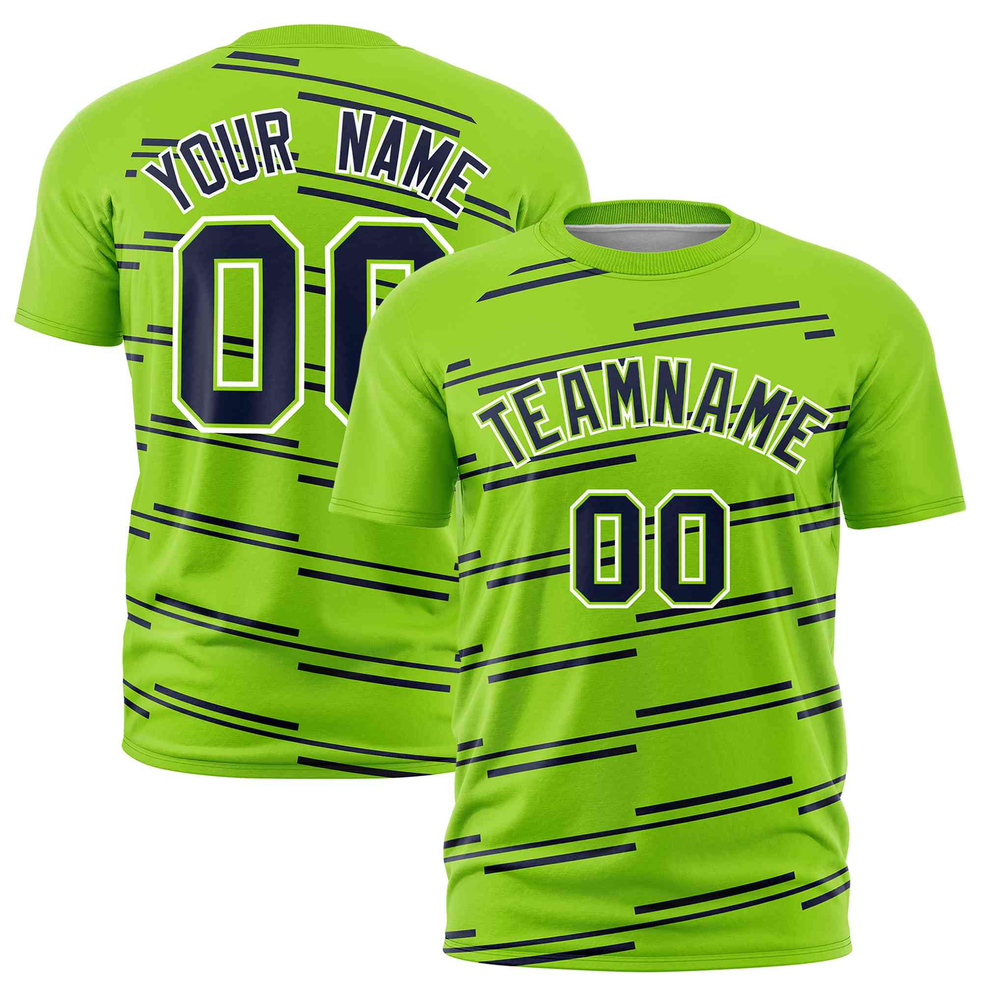 Custom Neon Green Navy Personalized Slanting Line Graffiti Pattern Performance T-Shirt