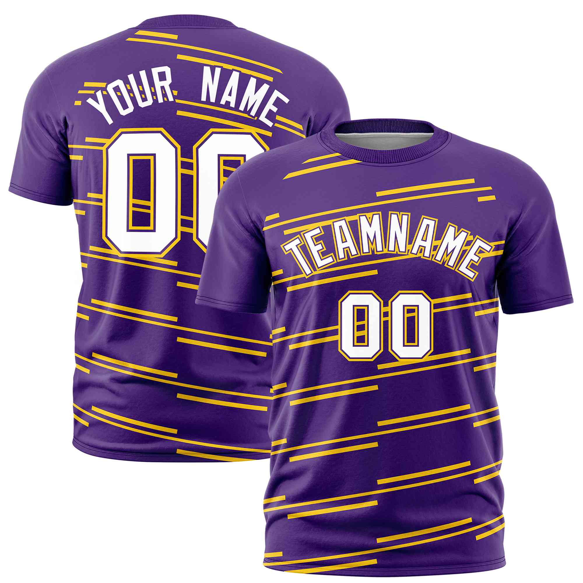 Custom Purple Gold Personalized Slanting Line Graffiti Pattern Performance T-Shirt