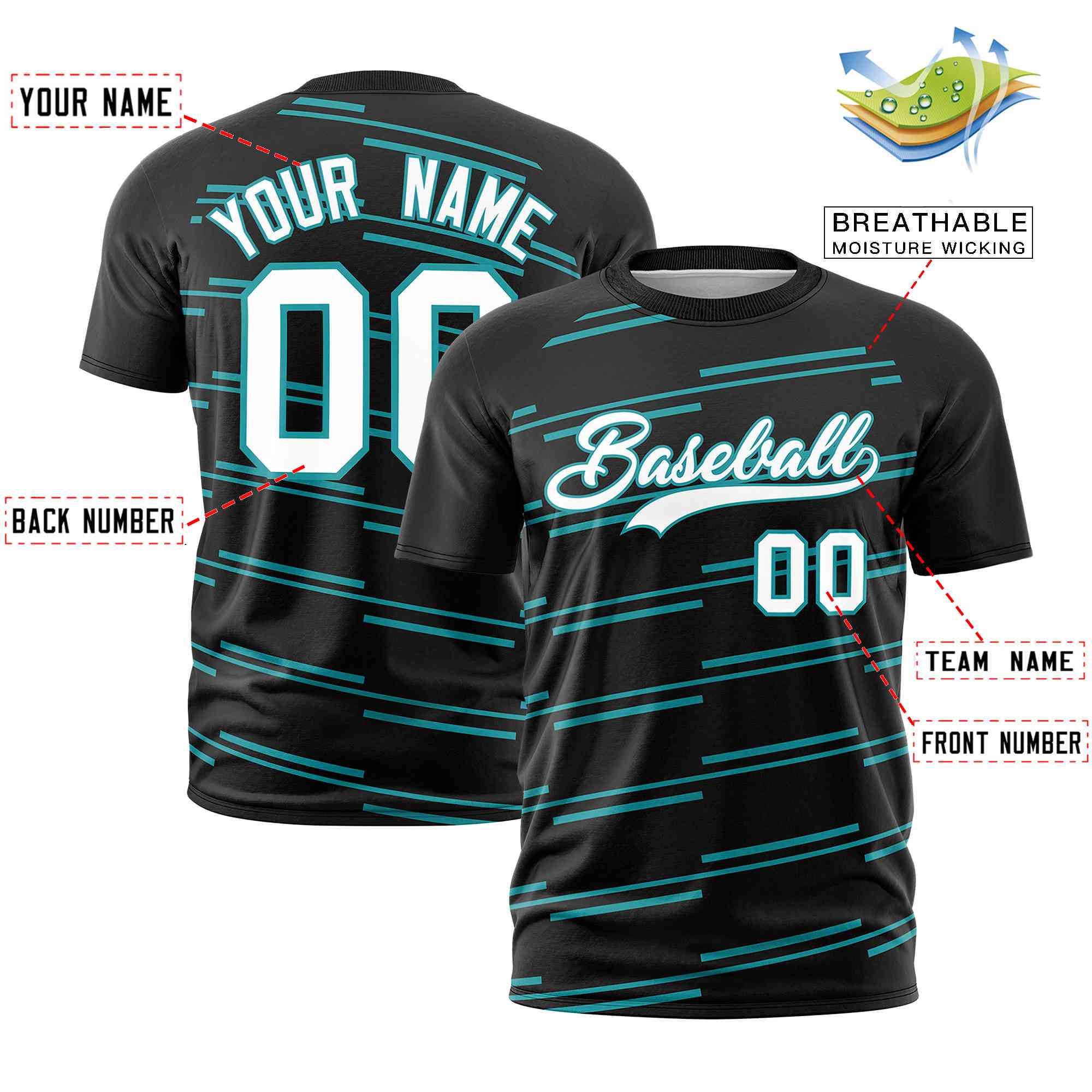 Custom Black Aqua Personalized Slanting Line Graffiti Pattern Performance T-Shirt