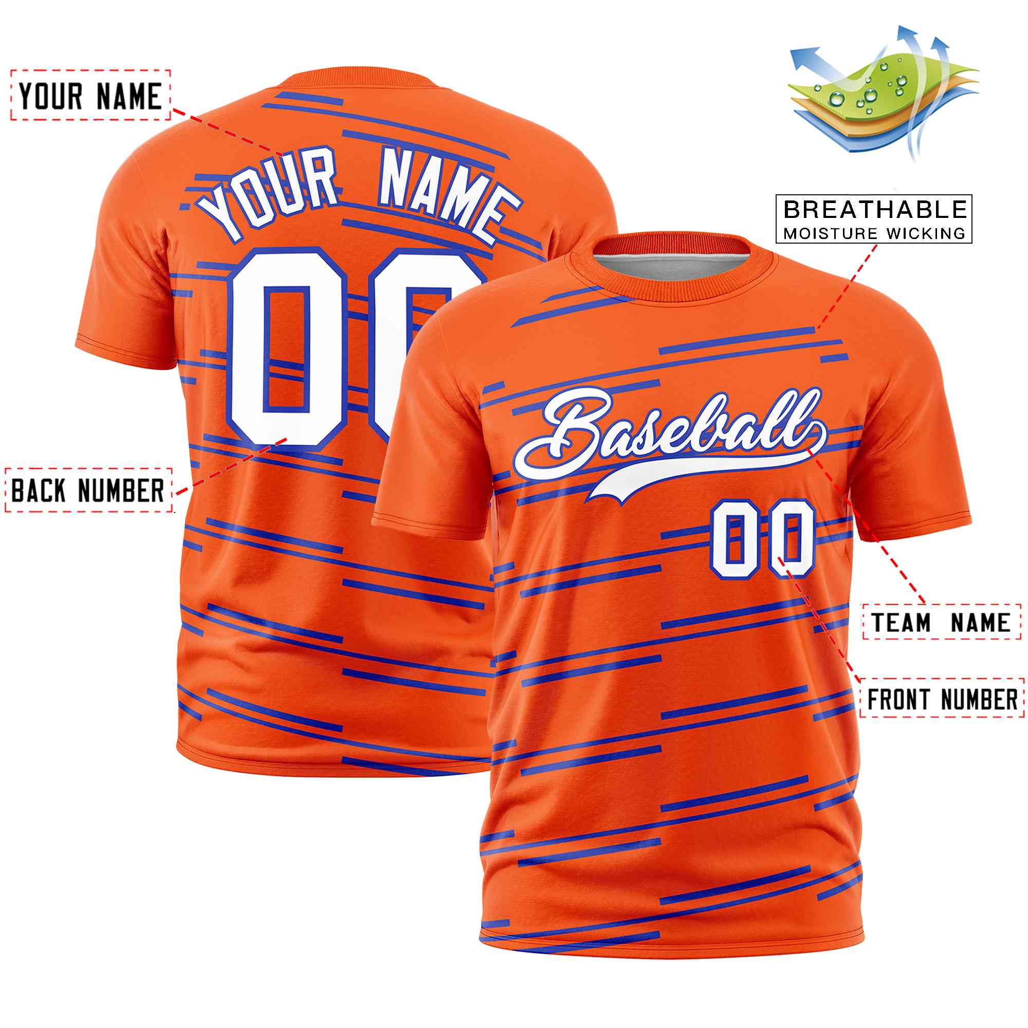 Custom Orange Royal Personalized Slanting Line Graffiti Pattern Performance T-Shirt