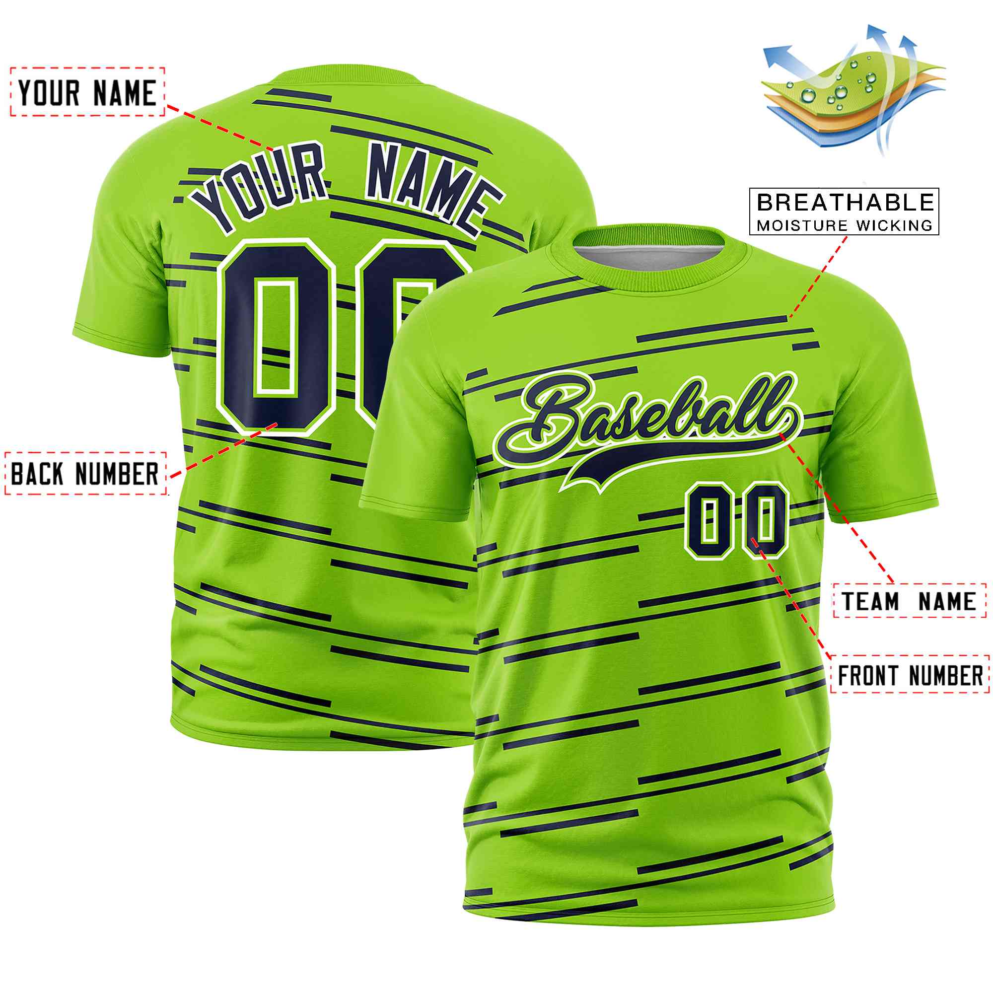 Custom Neon Green Navy Personalized Slanting Line Graffiti Pattern Performance T-Shirt