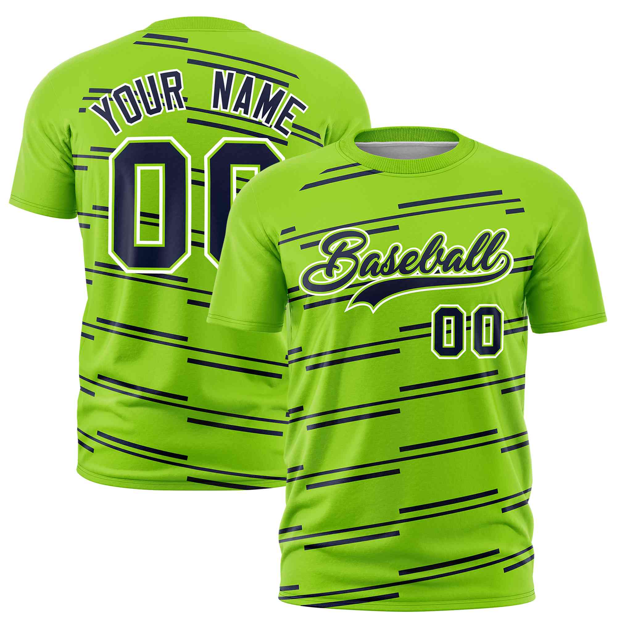 Custom Neon Green Navy Personalized Slanting Line Graffiti Pattern Performance T-Shirt