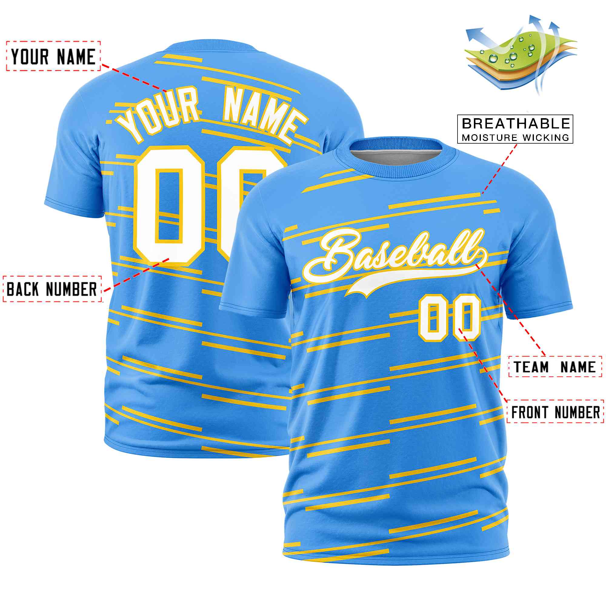 Custom Powder Blue Gold Personalized Slanting Line Graffiti Pattern Performance T-Shirt