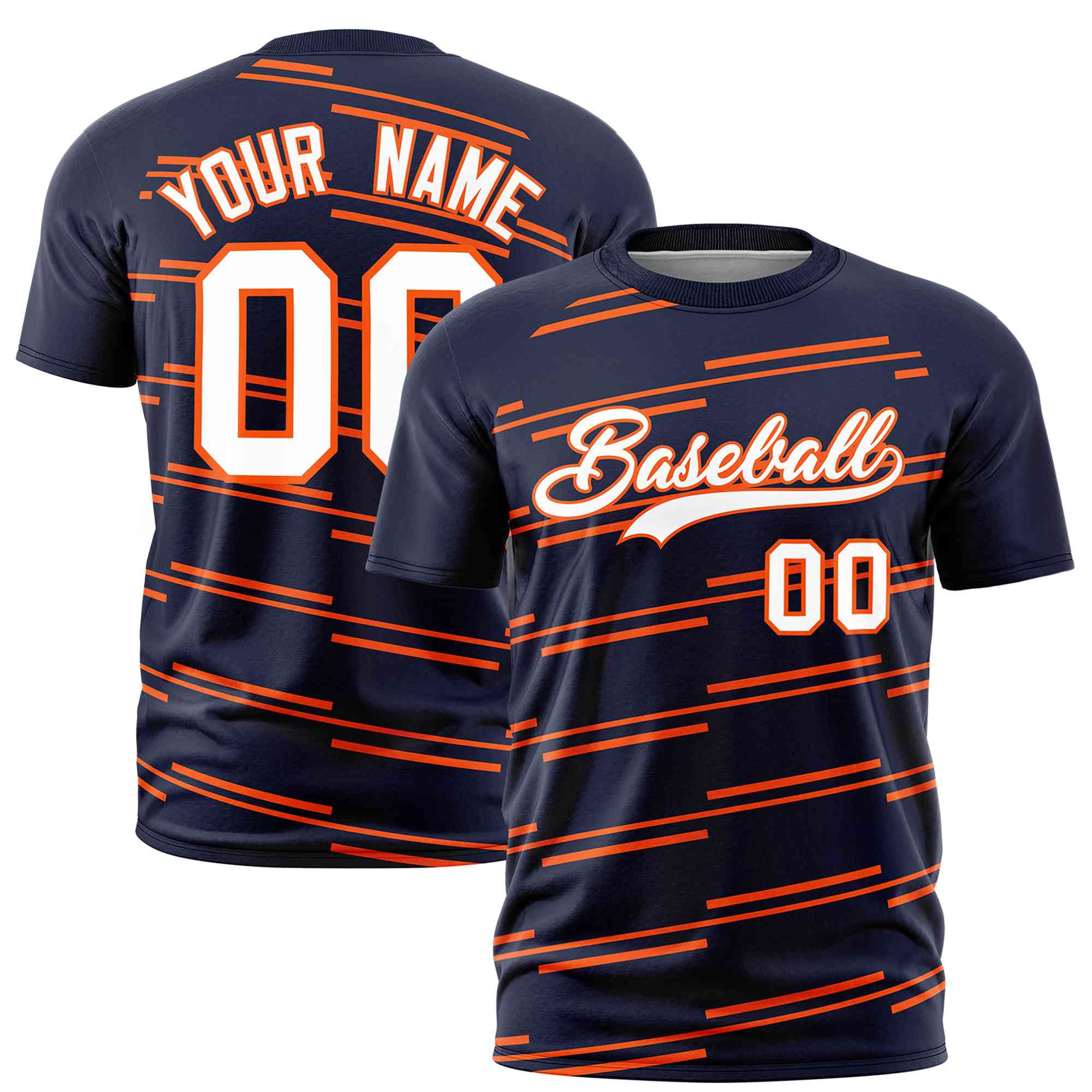 Custom Navy Orange Personalized Slanting Line Graffiti Pattern Performance T-Shirt