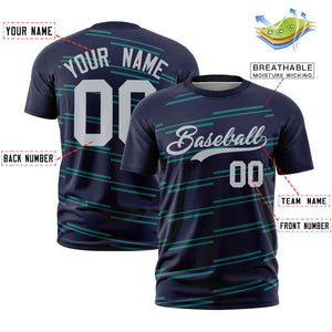 Custom Navy Aqua Personalized Slanting Line Graffiti Pattern Performance T-Shirt