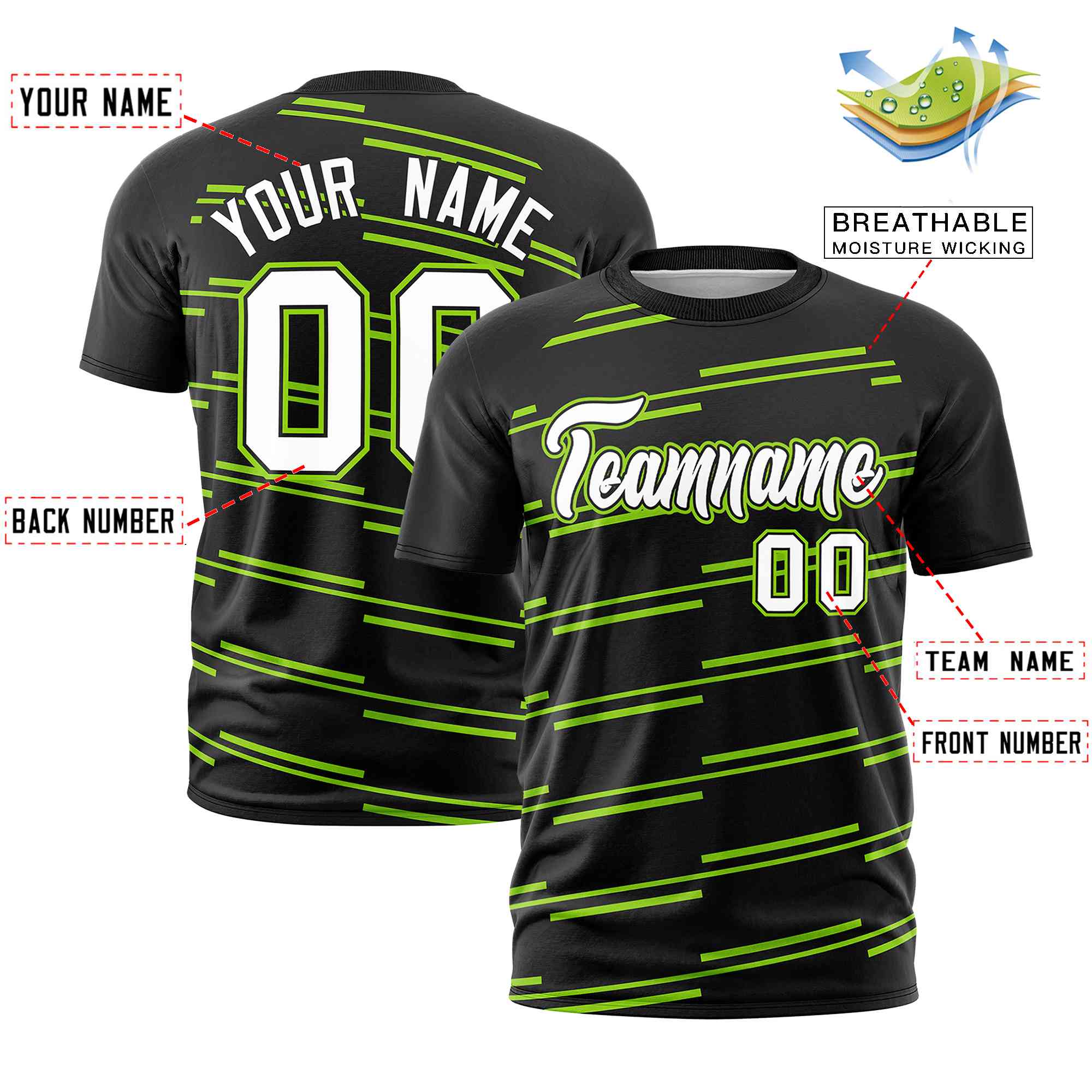 Custom Black Neon Green Personalized Slanting Line Graffiti Pattern Performance T-Shirt