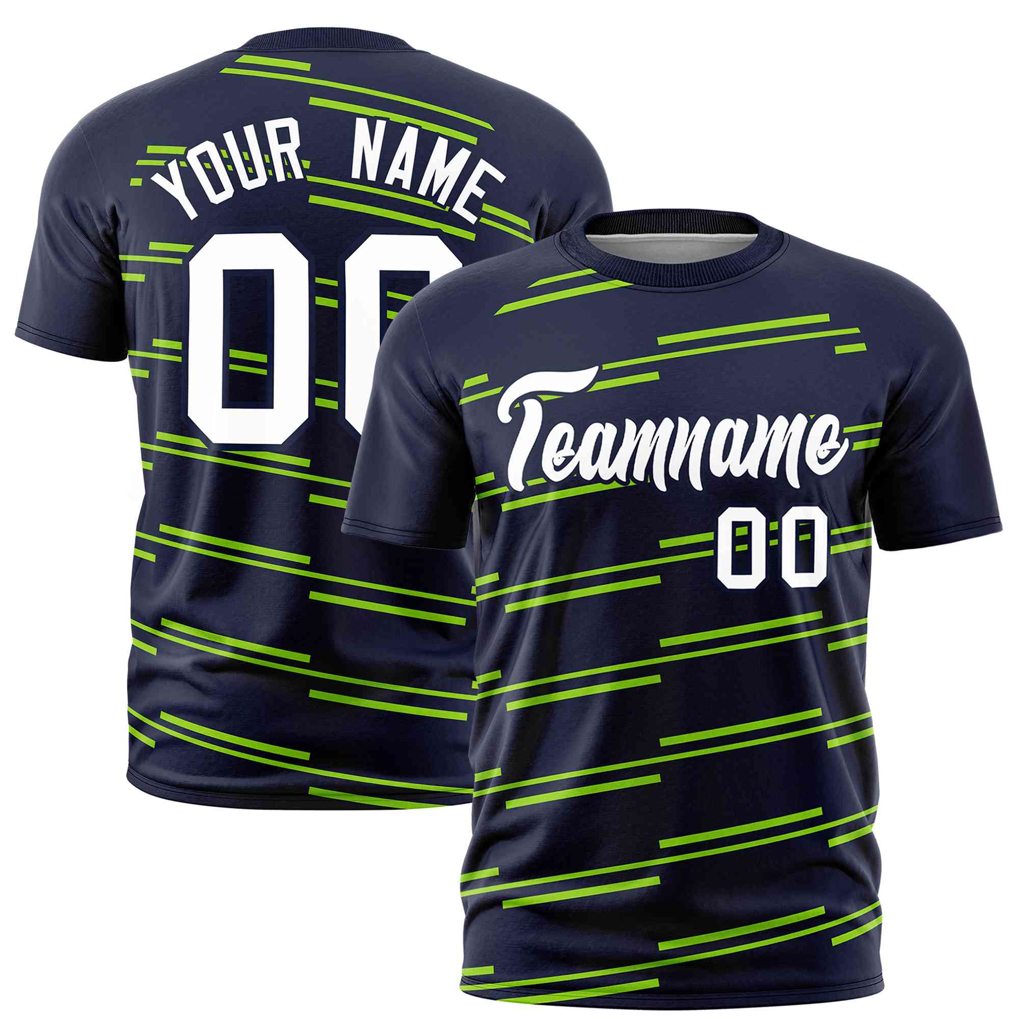 Custom Navy Neon Green Personalized Slanting Line Graffiti Pattern Performance T-Shirt