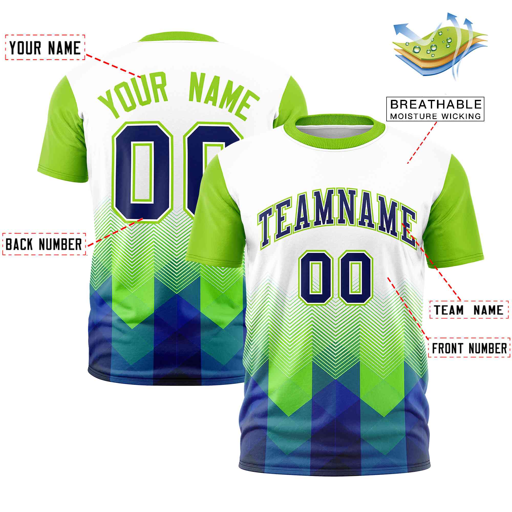 Custom White Neon Green Gradient Ripple Fashion Raglan Sleeves Performance T-Shirt