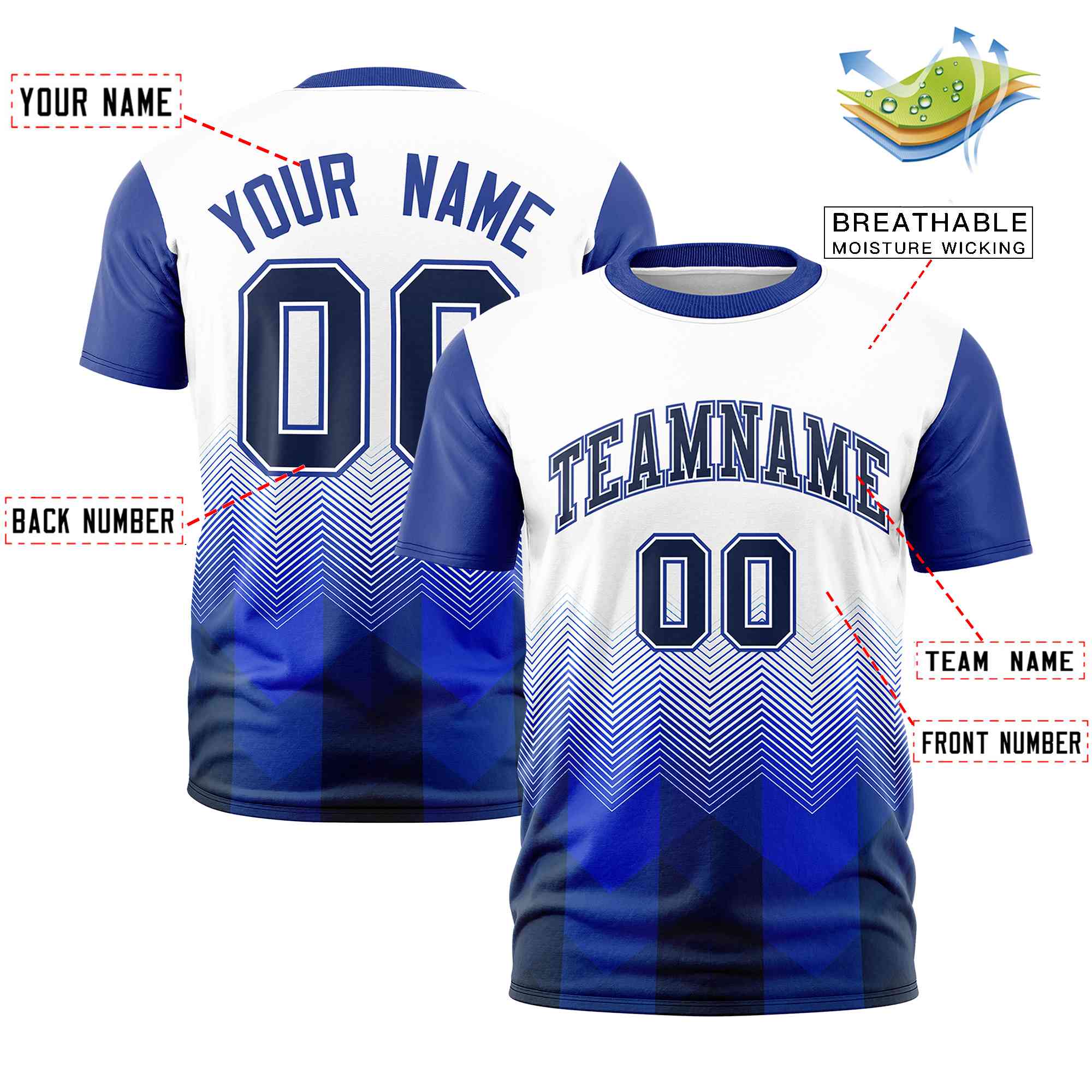 Custom White Royal Gradient Ripple Fashion Raglan Sleeves Performance T-Shirt