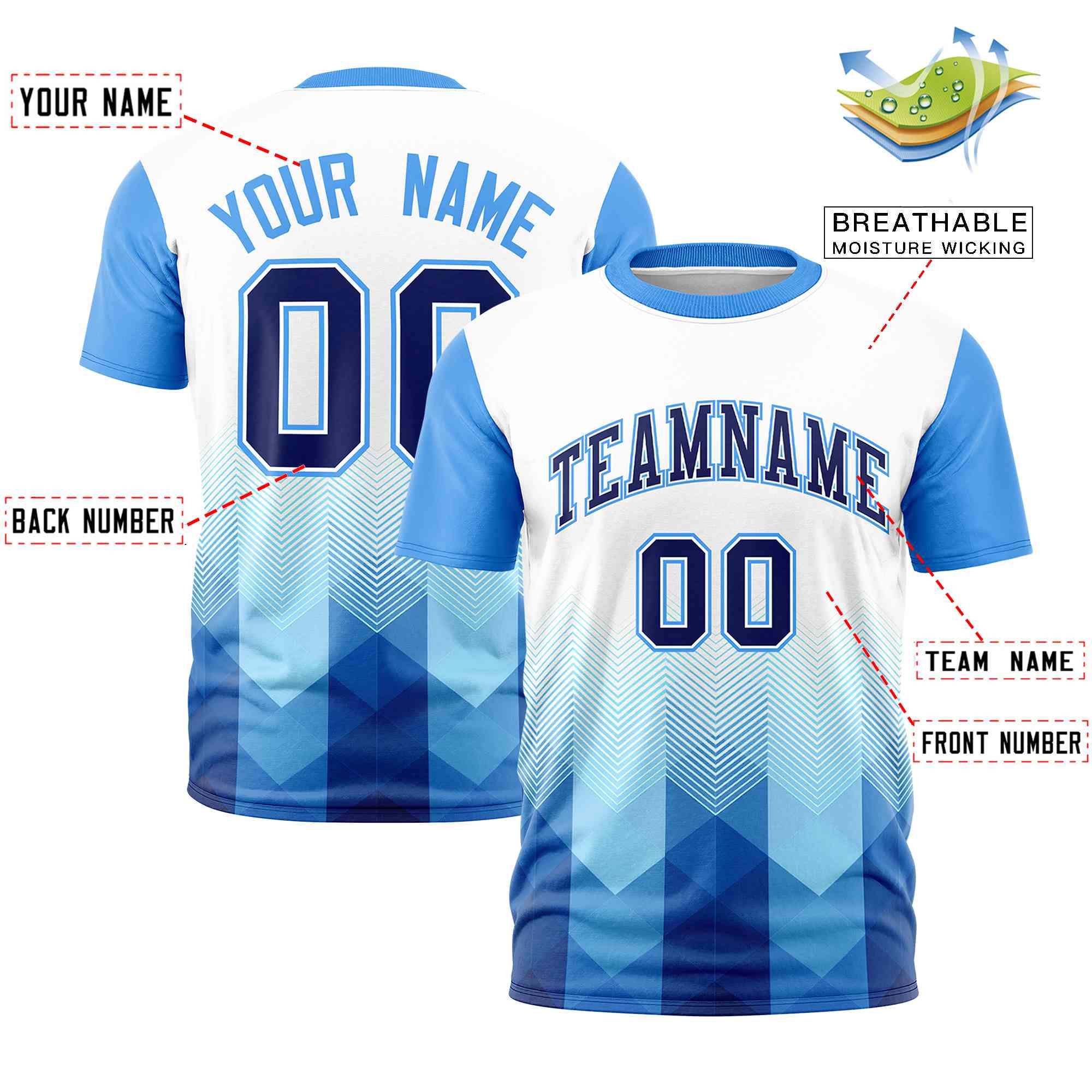 Custom White Powder Blue Gradient Ripple Fashion Raglan Sleeves Performance T-Shirt