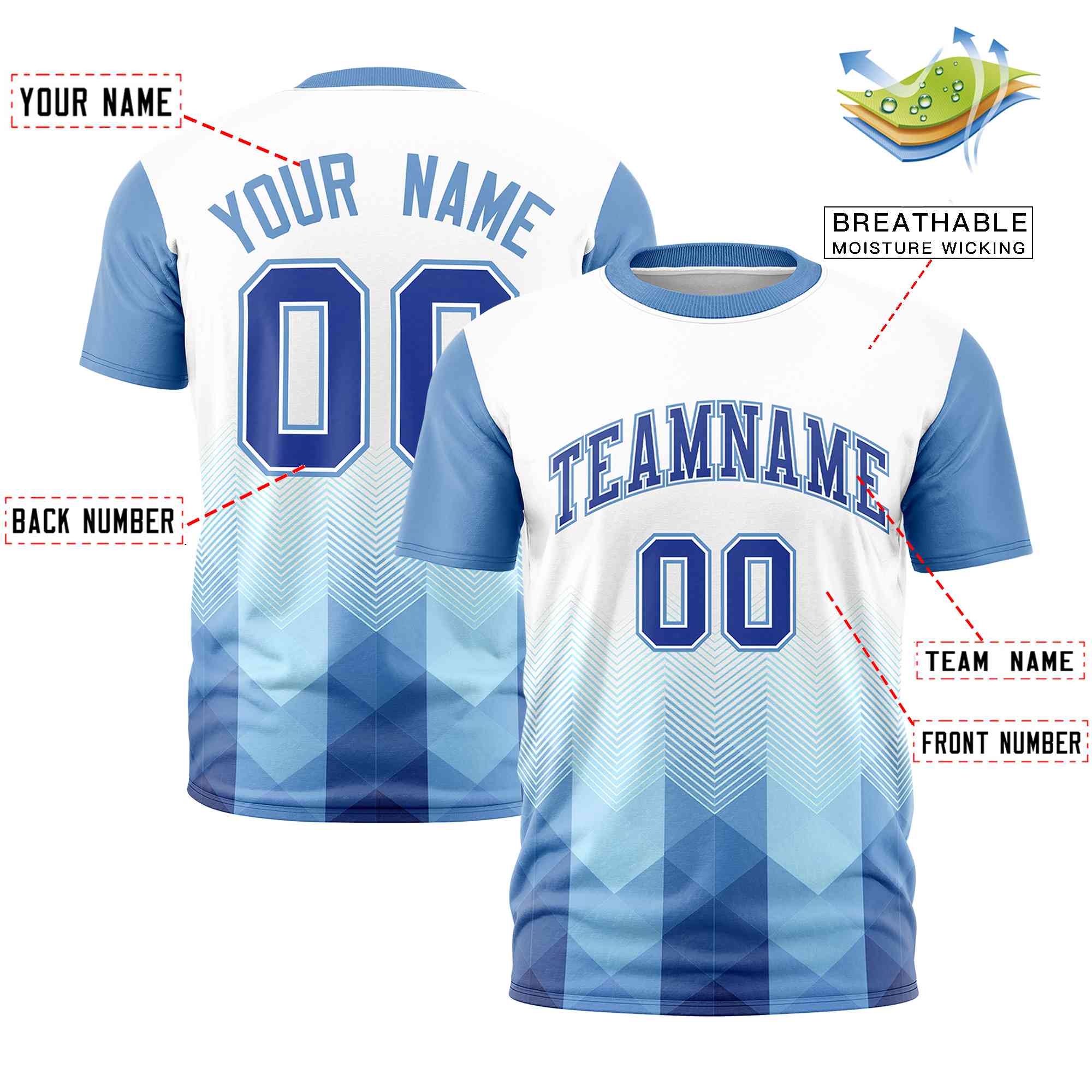 Custom White Light Blue Gradient Ripple Fashion Raglan Sleeves Performance T-Shirt