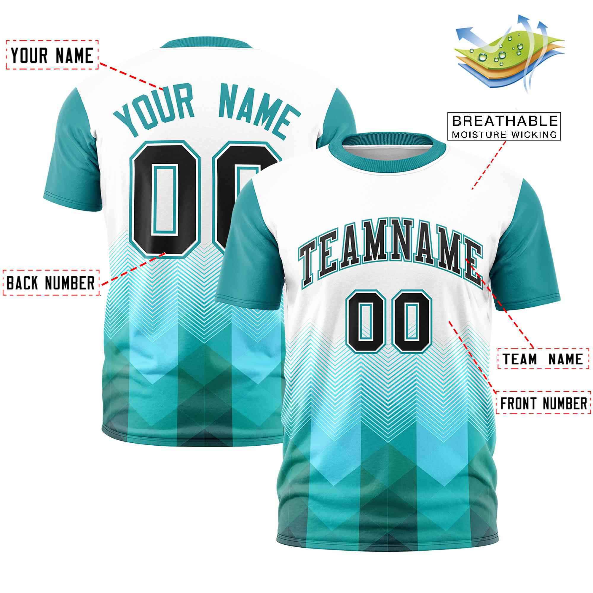 Custom White Aqua Gradient Ripple Fashion Raglan Sleeves Performance T-Shirt