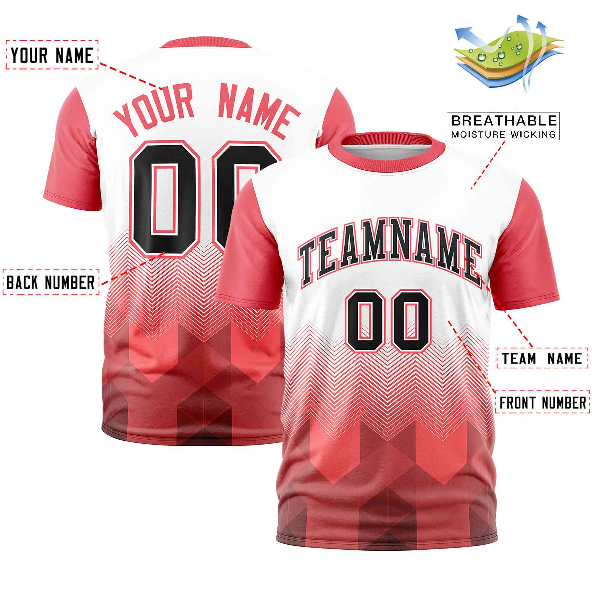 Custom White Light Red Gradient Ripple Fashion Raglan Sleeves Performance T-Shirt