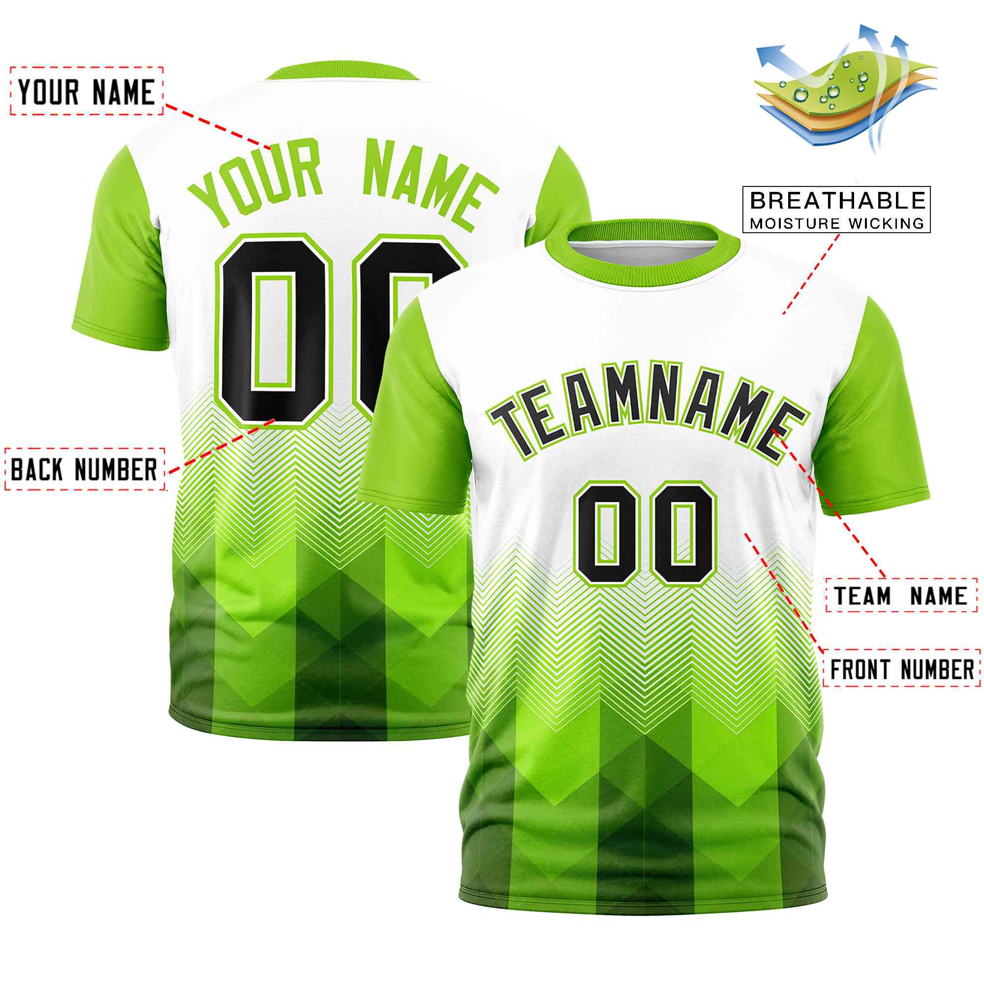 Custom White Neon Green Gradient Ripple Fashion Raglan Sleeves Performance T-Shirt