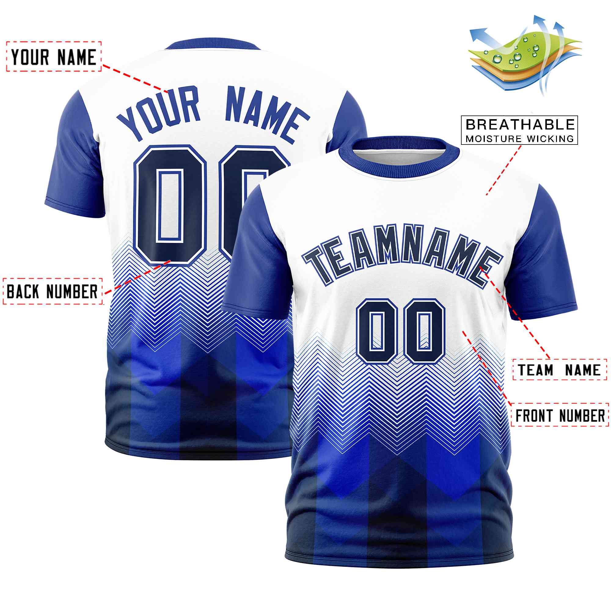 Custom White Royal Gradient Ripple Fashion Raglan Sleeves Performance T-Shirt