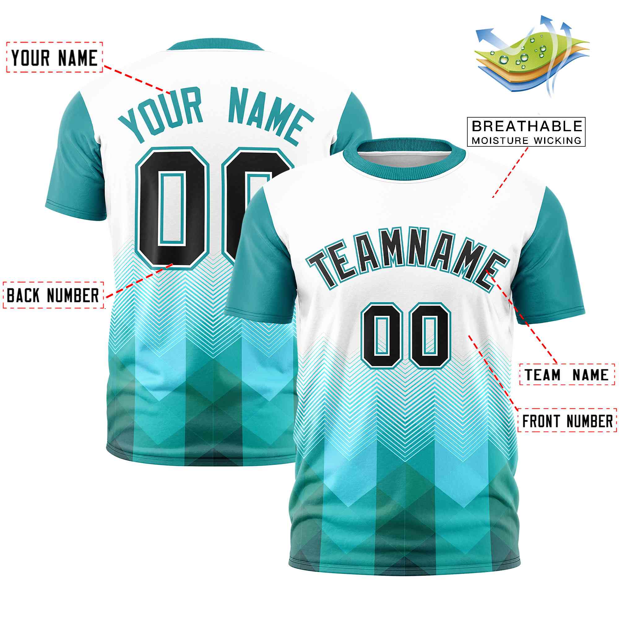 Custom White Aqua Gradient Ripple Fashion Raglan Sleeves Performance T-Shirt