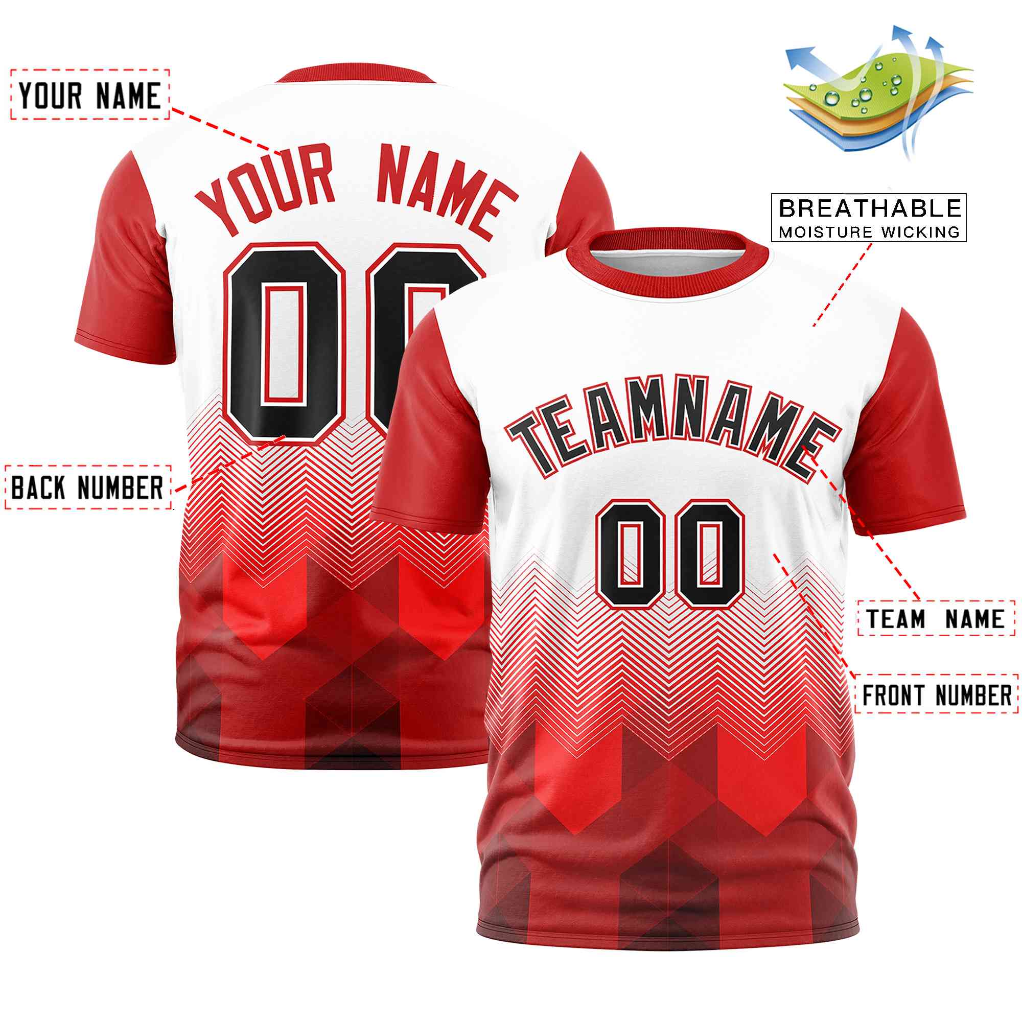 Custom White Red Gradient Ripple Fashion Raglan Sleeves Performance T-Shirt