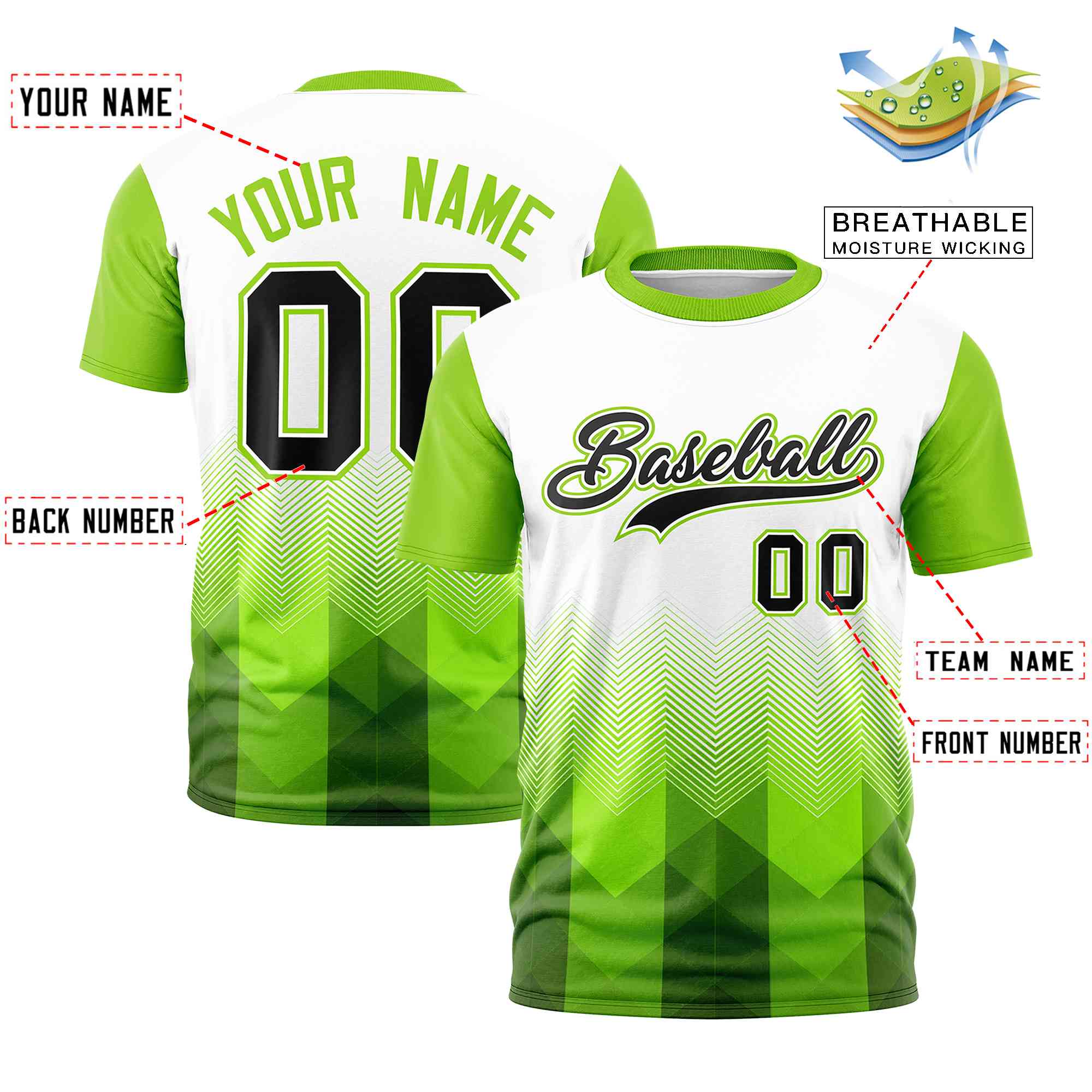 Custom White Neon Green Gradient Ripple Fashion Raglan Sleeves Performance T-Shirt