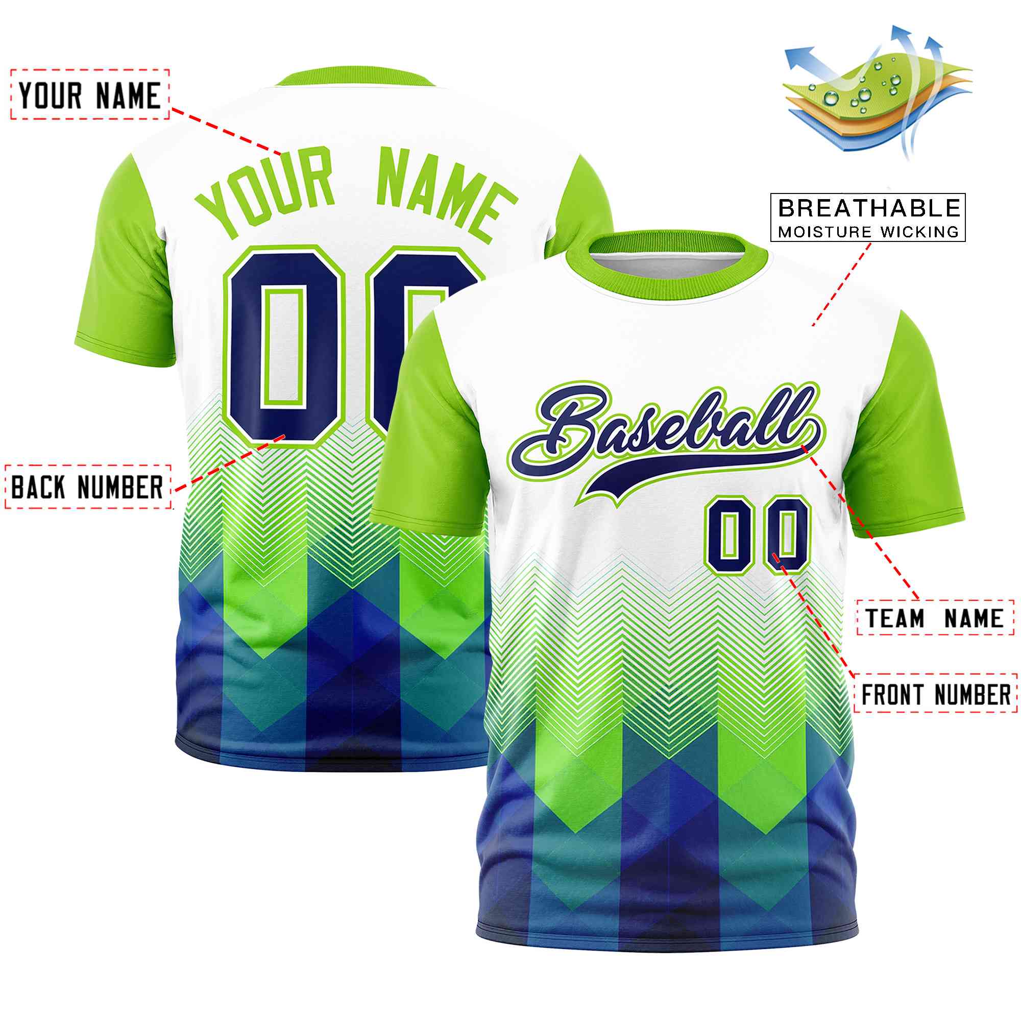 Custom White Neon Green Gradient Ripple Fashion Raglan Sleeves Performance T-Shirt