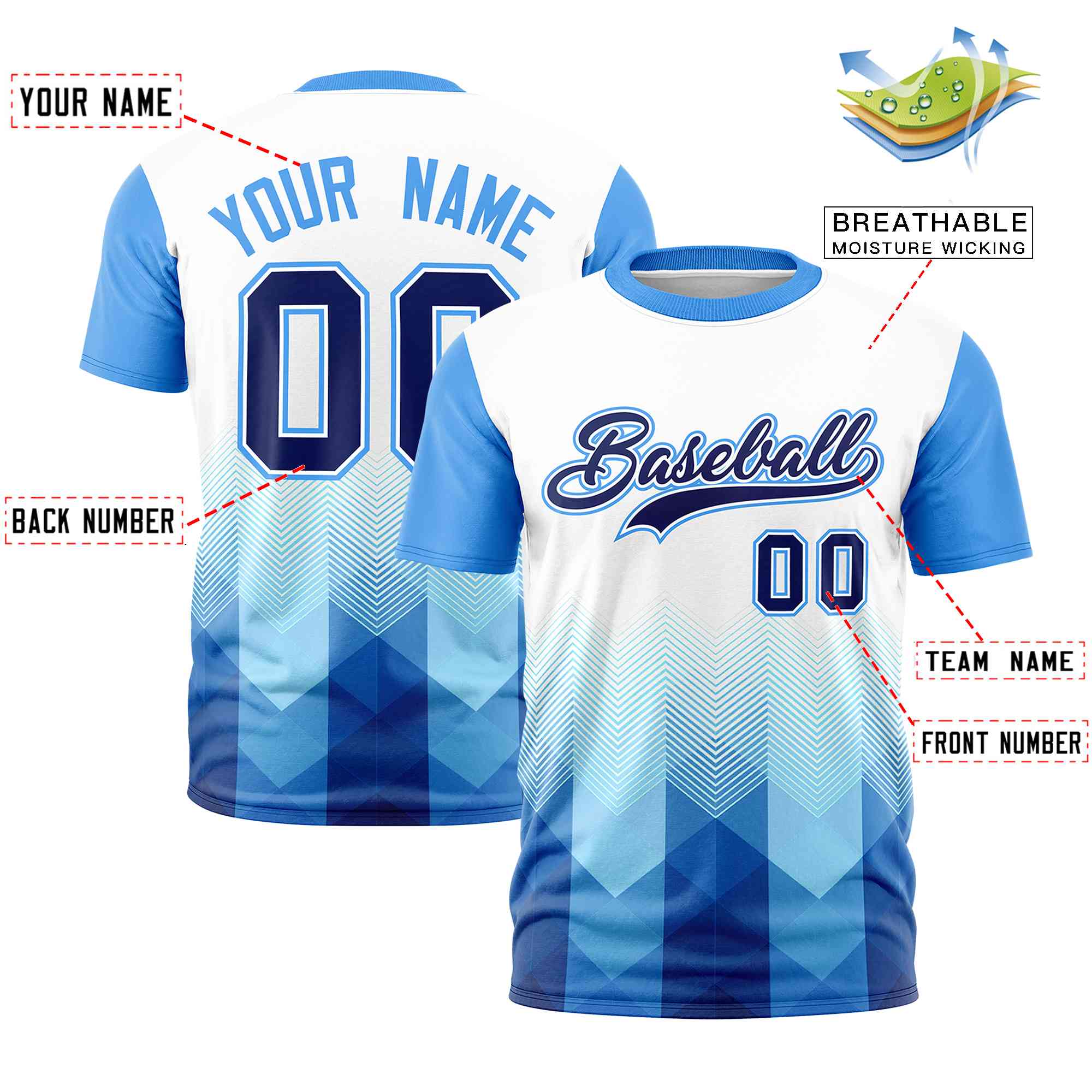 Custom White Powder Blue Gradient Ripple Fashion Raglan Sleeves Performance T-Shirt