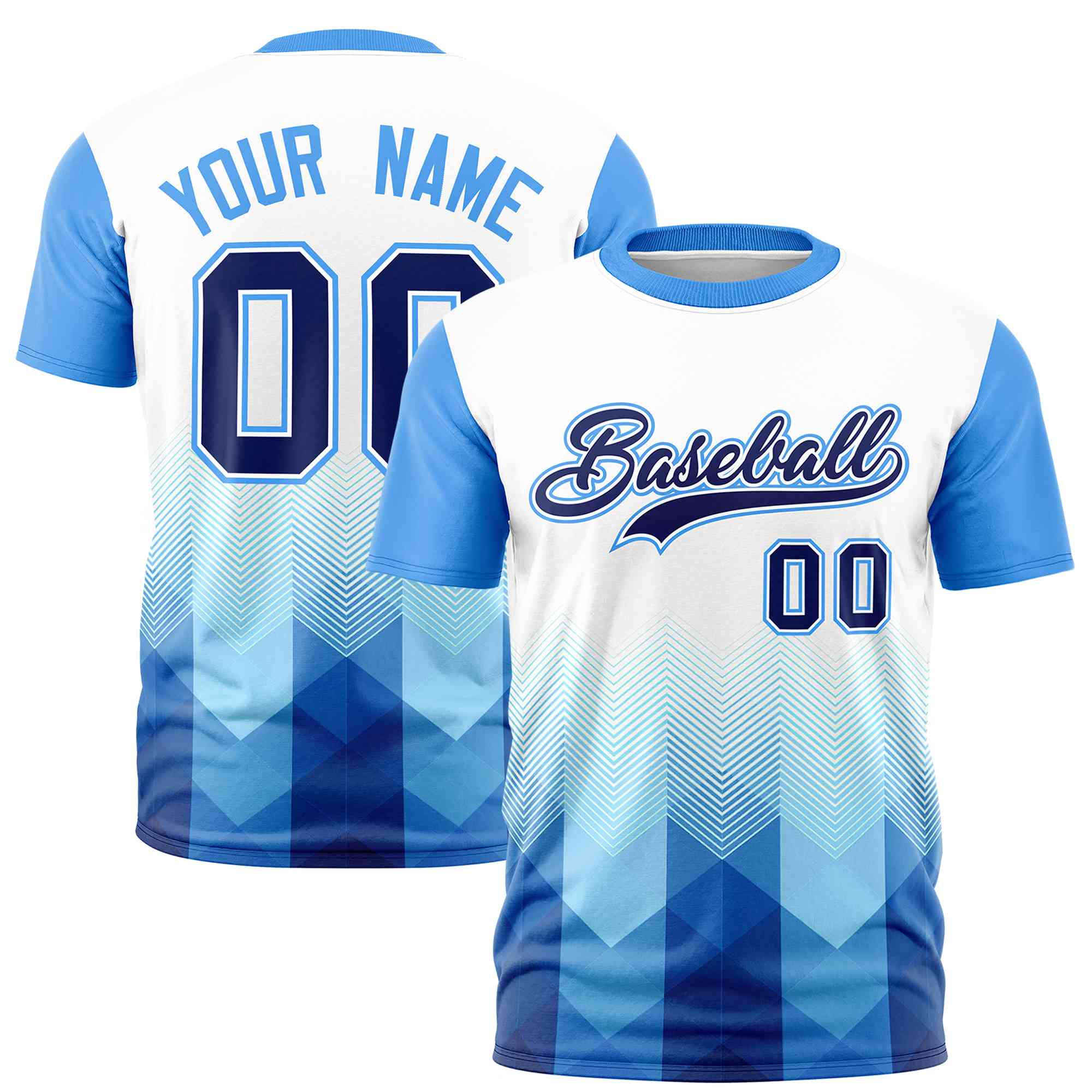 Custom White Powder Blue Gradient Ripple Fashion Raglan Sleeves Performance T-Shirt