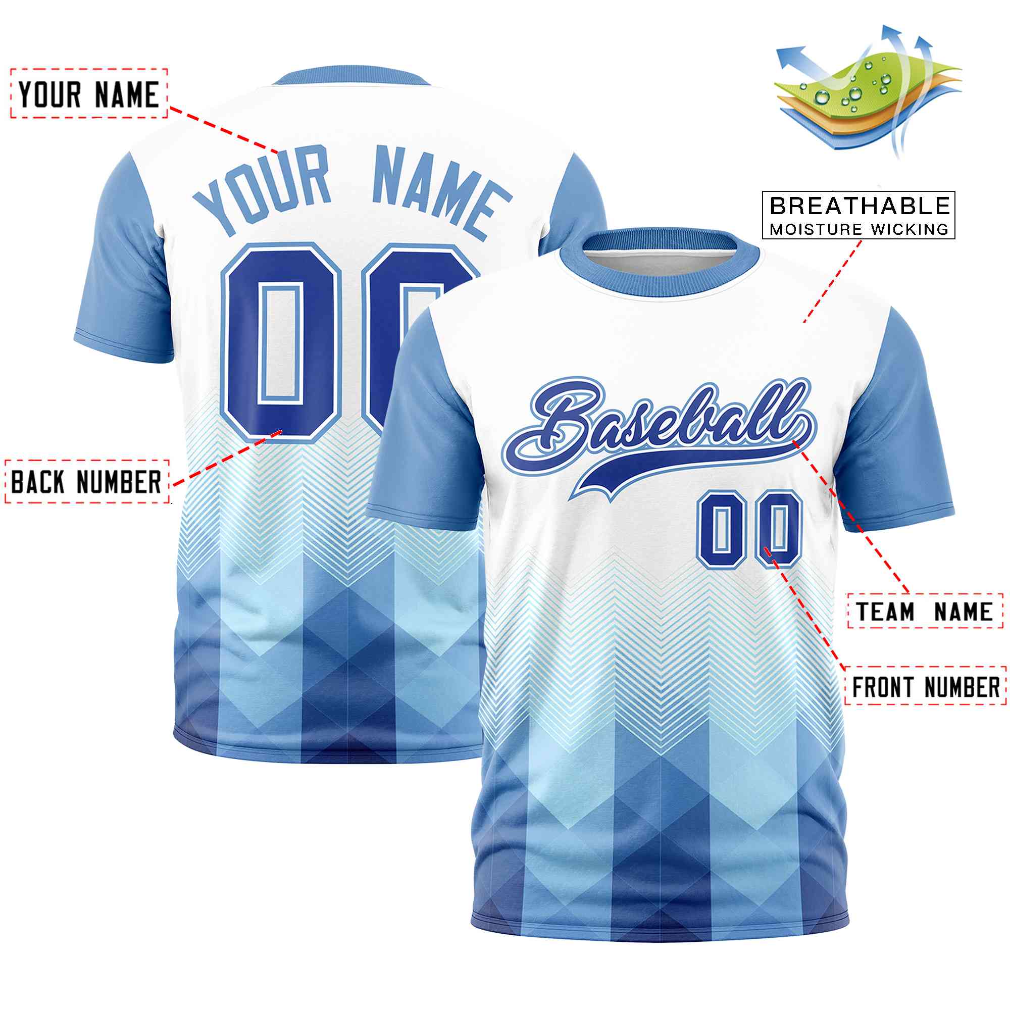 Custom White Light Blue Gradient Ripple Fashion Raglan Sleeves Performance T-Shirt