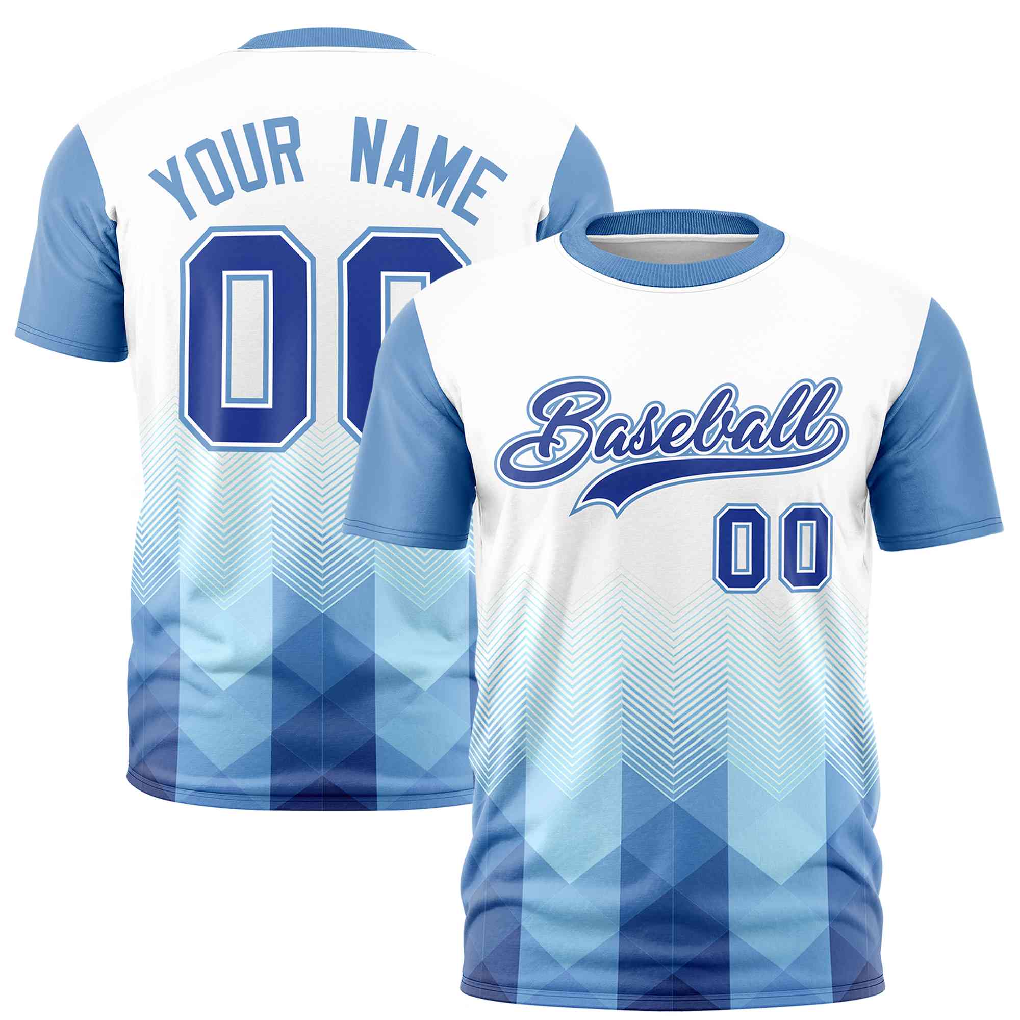 Custom White Light Blue Gradient Ripple Fashion Raglan Sleeves Performance T-Shirt