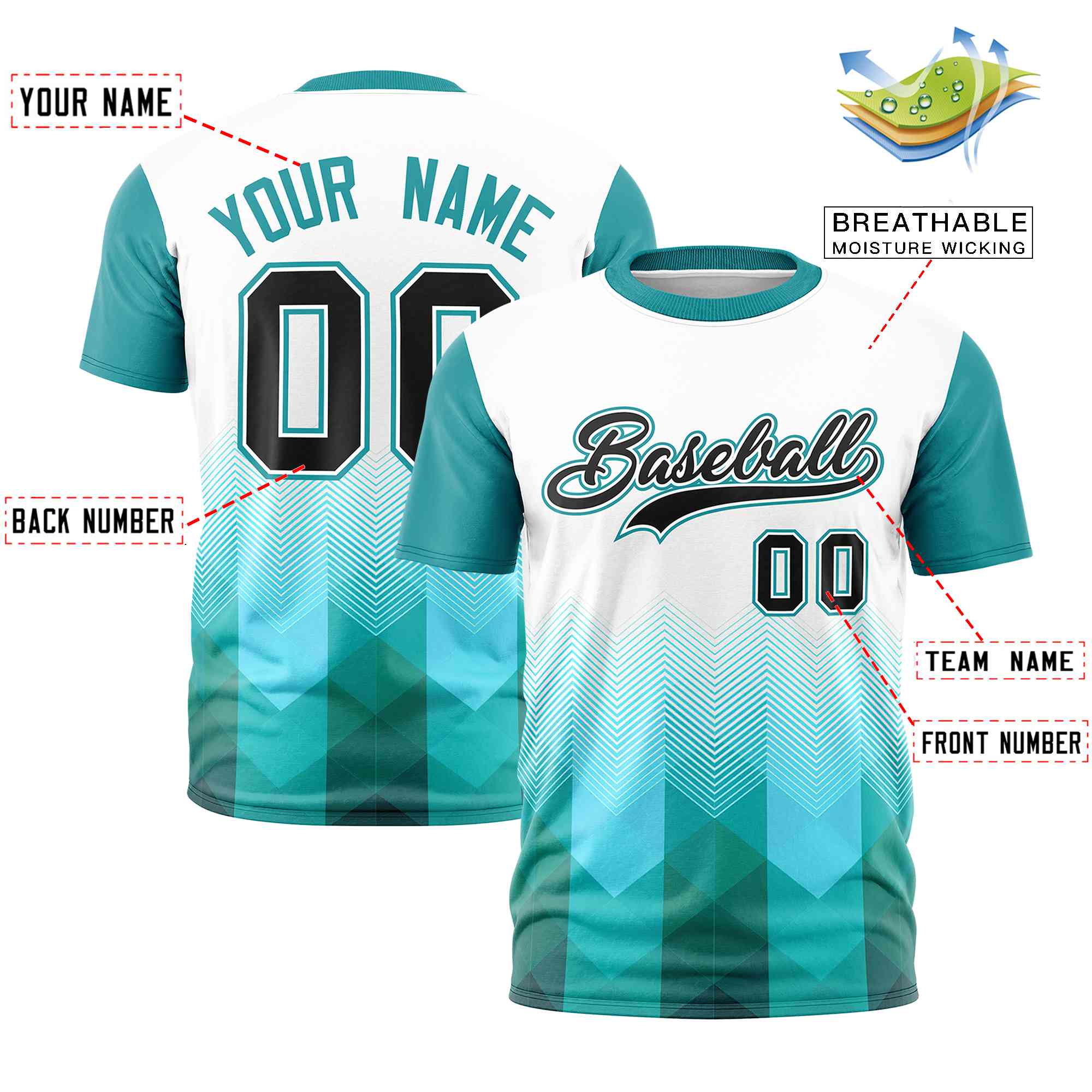 Custom White Aqua Gradient Ripple Fashion Raglan Sleeves Performance T-Shirt