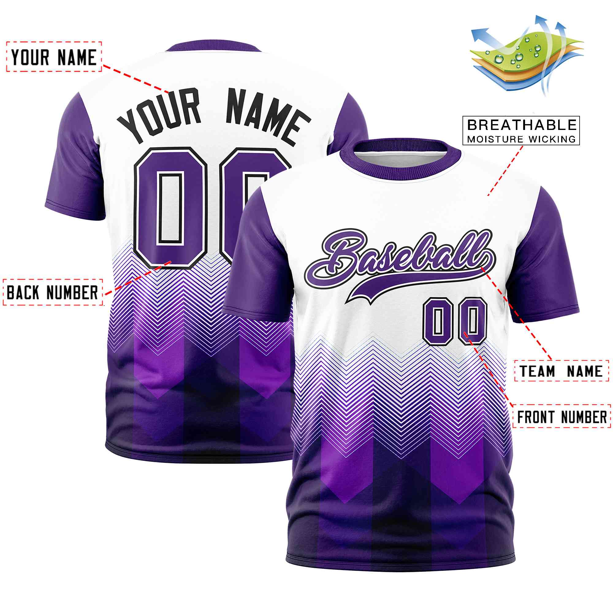 Custom White Purple Gradient Ripple Fashion Raglan Sleeves Performance T-Shirt