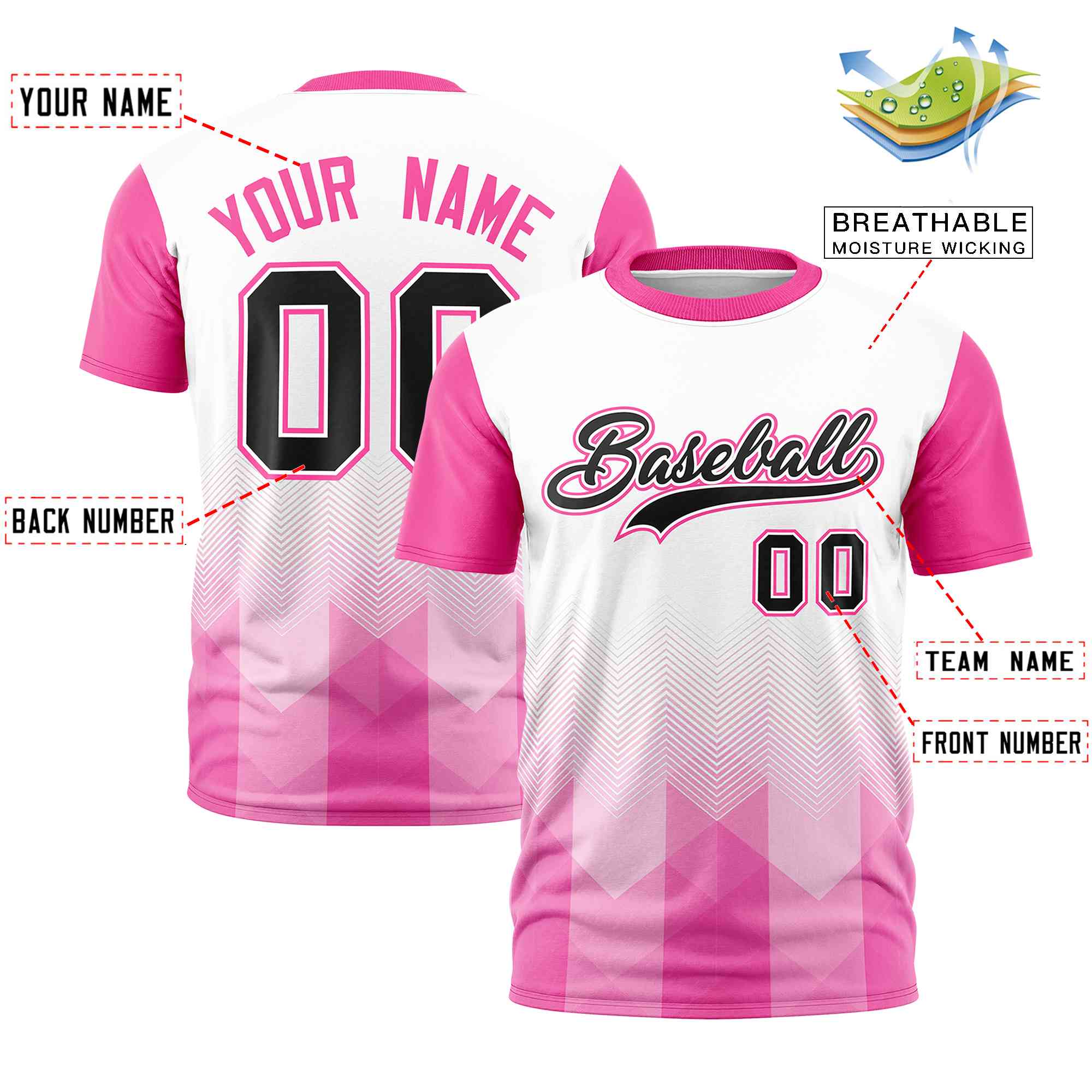 Custom White Pink Gradient Ripple Fashion Raglan Sleeves Performance T-Shirt