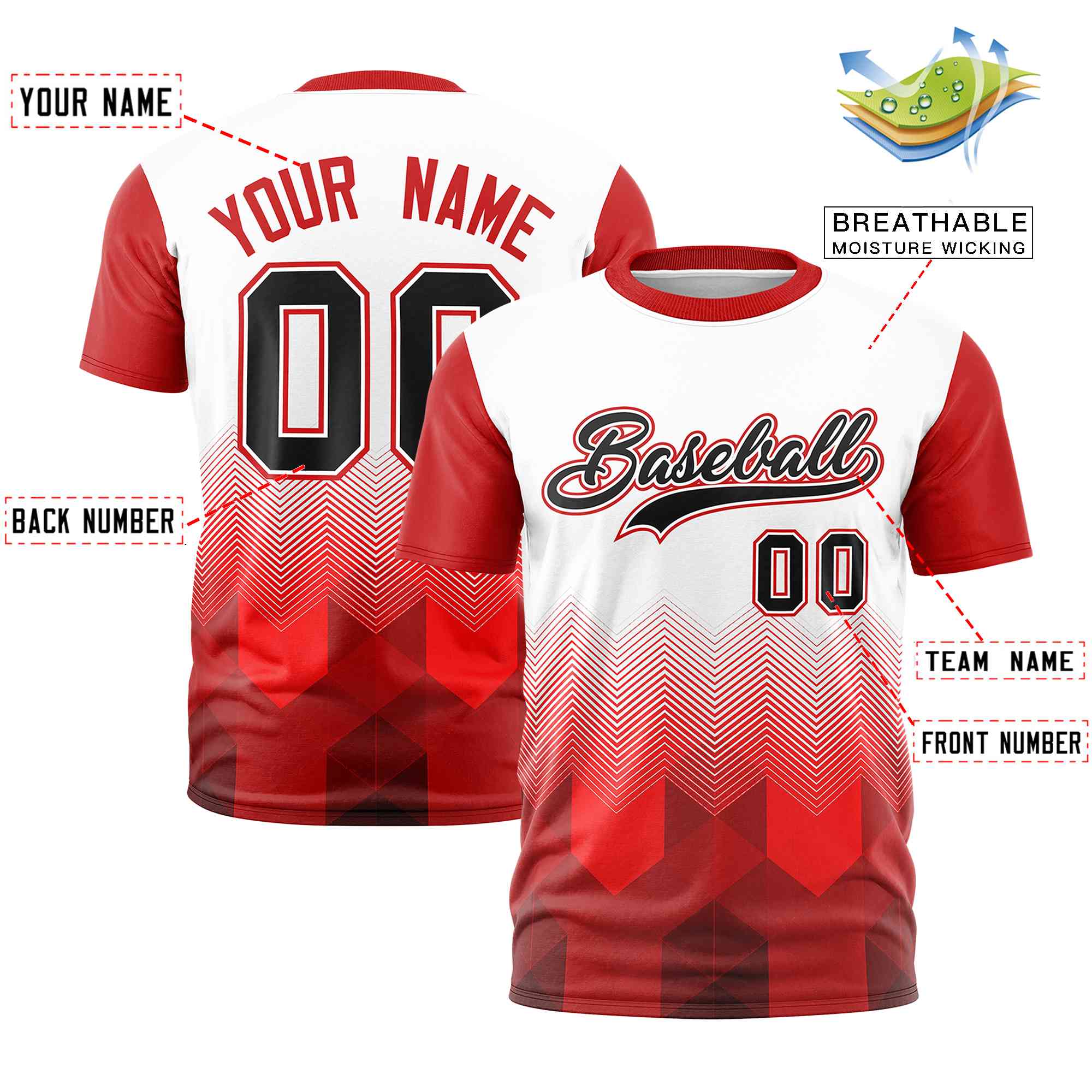 Custom White Red Gradient Ripple Fashion Raglan Sleeves Performance T-Shirt