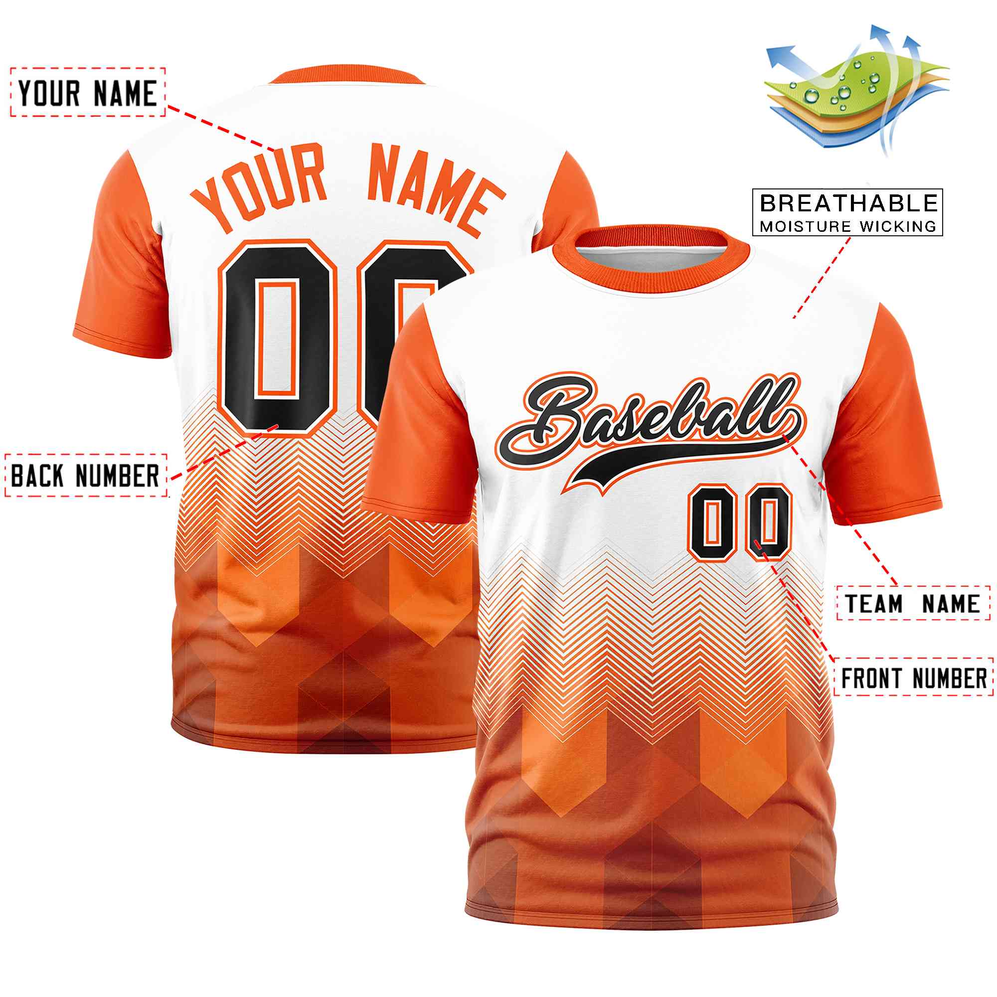 Custom White Orange Gradient Ripple Fashion Raglan Sleeves Performance T-Shirt