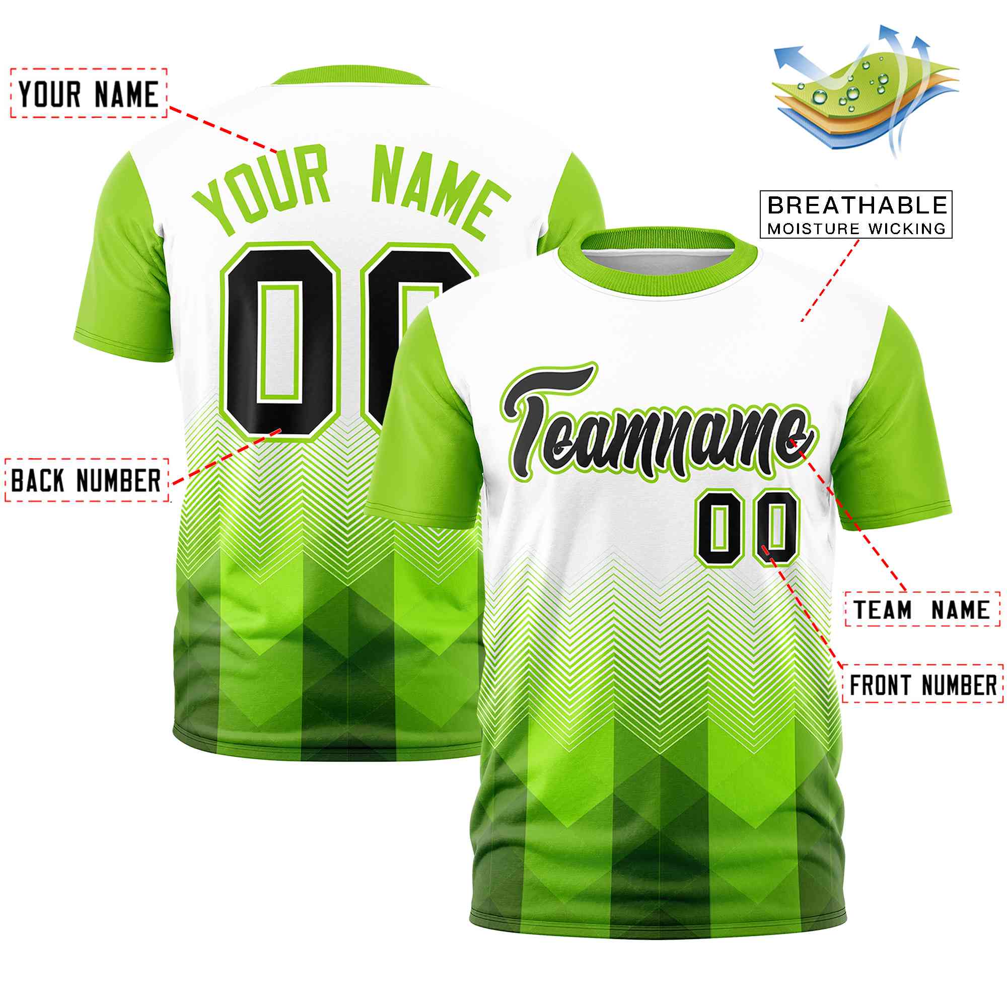 Custom White Neon Green Gradient Ripple Fashion Raglan Sleeves Performance T-Shirt