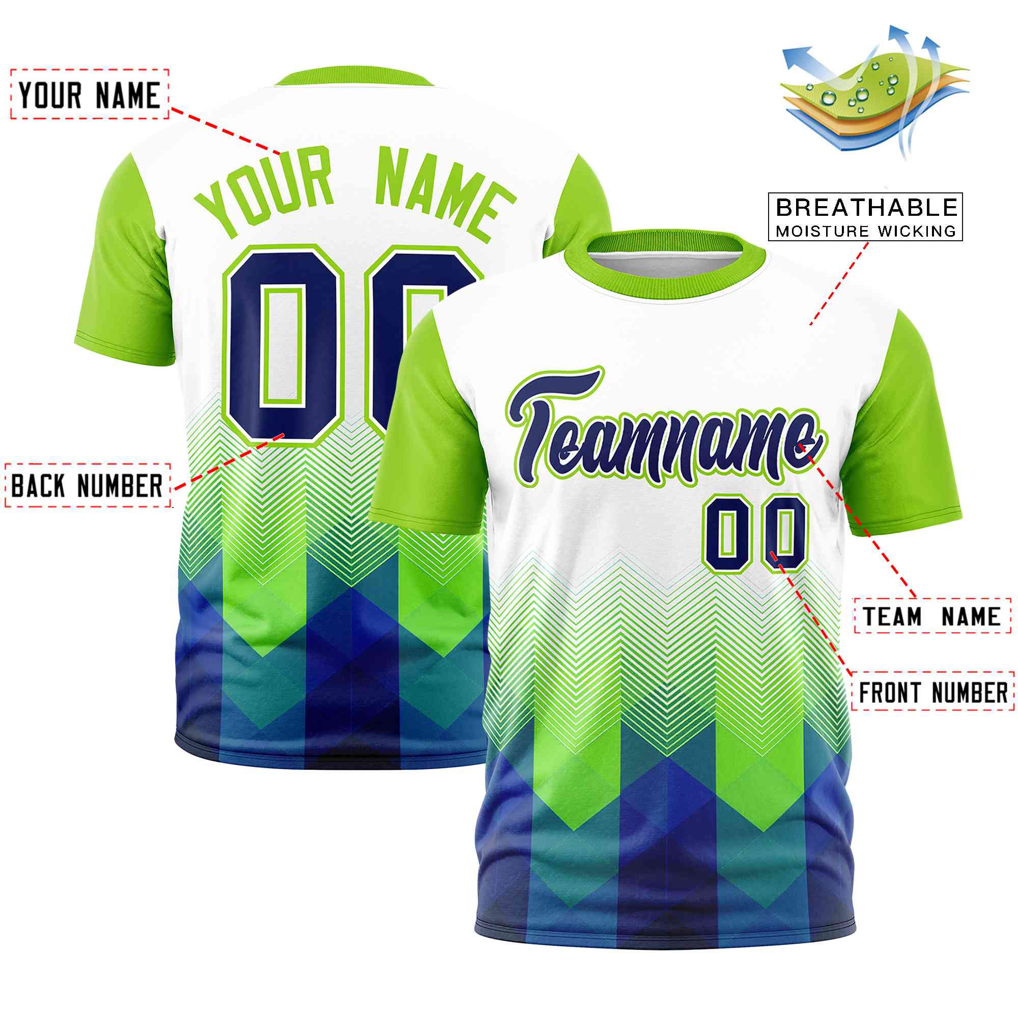 Custom White Neon Green Gradient Ripple Fashion Raglan Sleeves Performance T-Shirt