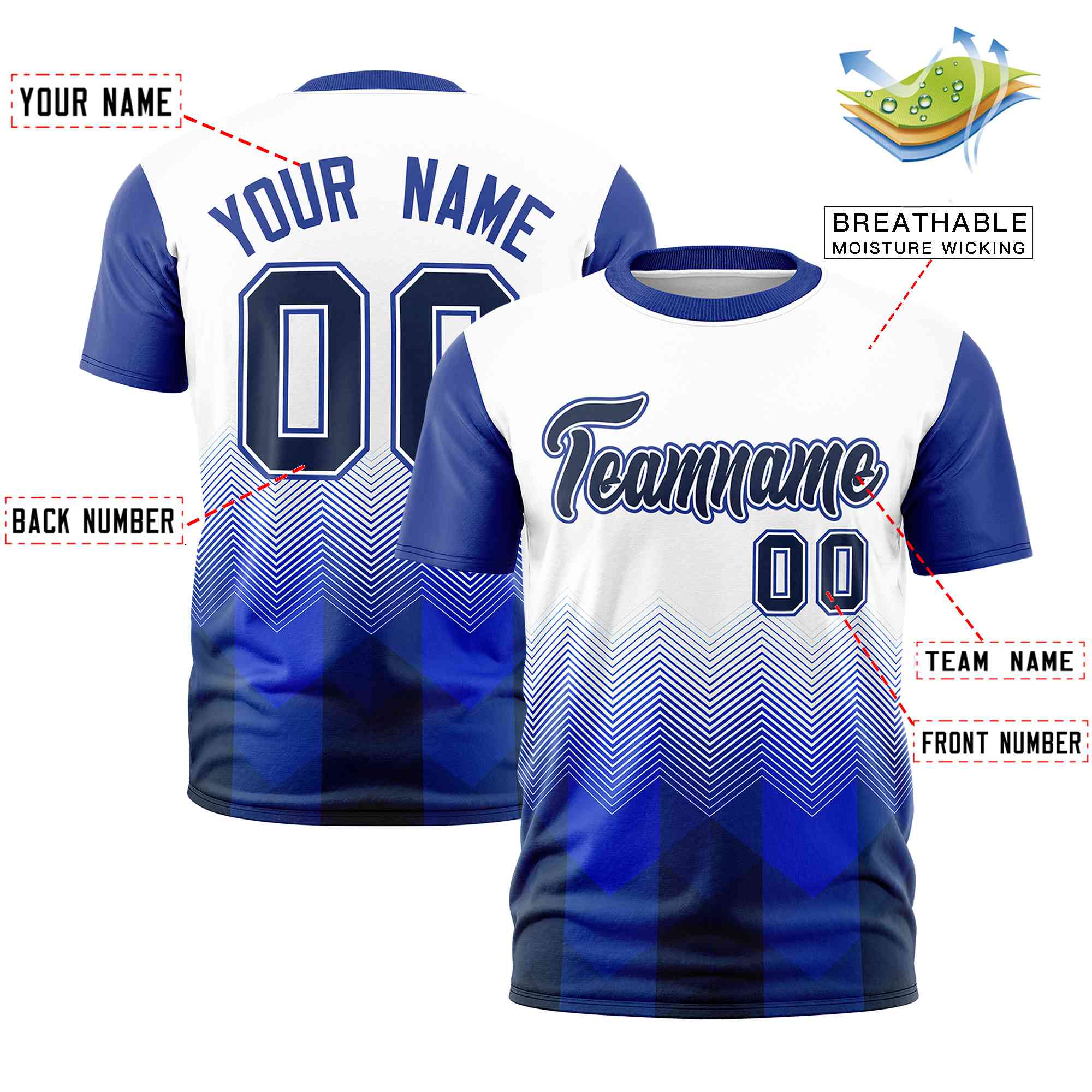 Custom White Royal Gradient Ripple Fashion Raglan Sleeves Performance T-Shirt