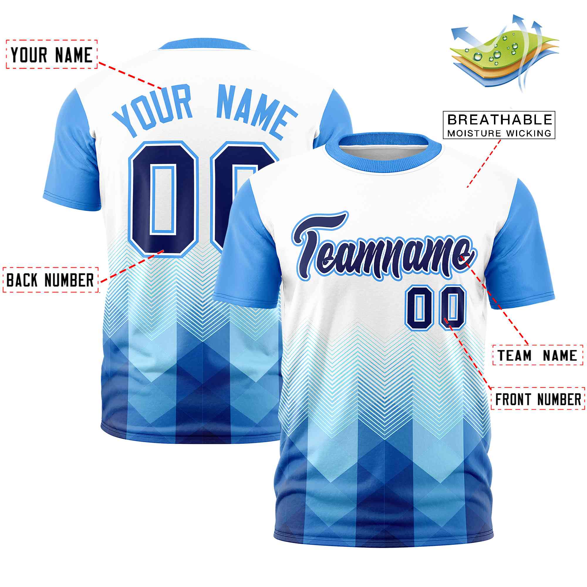 Custom White Powder Blue Gradient Ripple Fashion Raglan Sleeves Performance T-Shirt