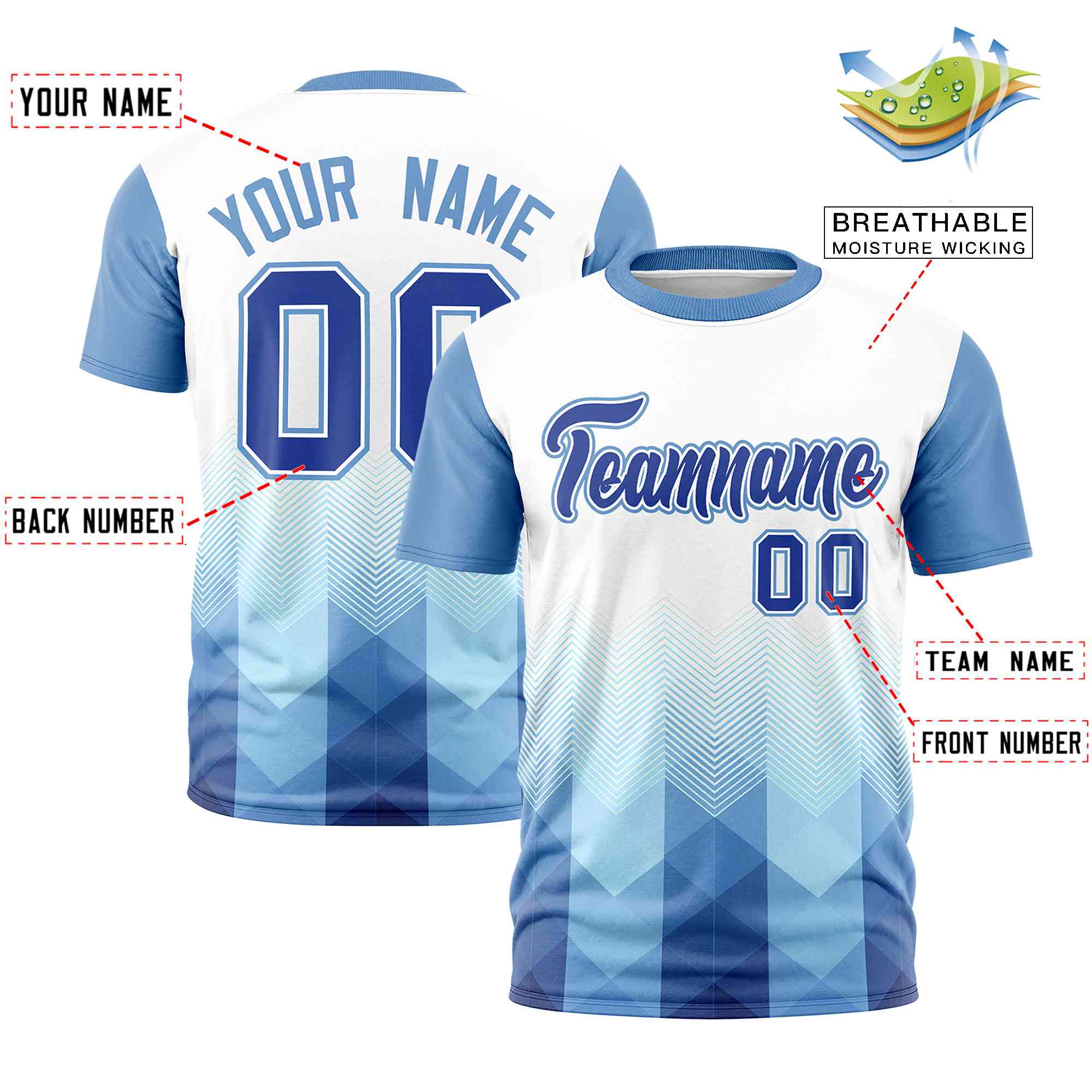 Custom White Light Blue Gradient Ripple Fashion Raglan Sleeves Performance T-Shirt