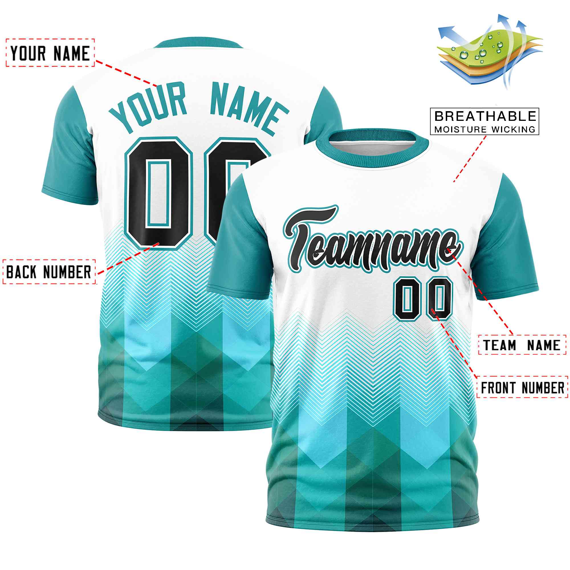 Custom White Aqua Gradient Ripple Fashion Raglan Sleeves Performance T-Shirt