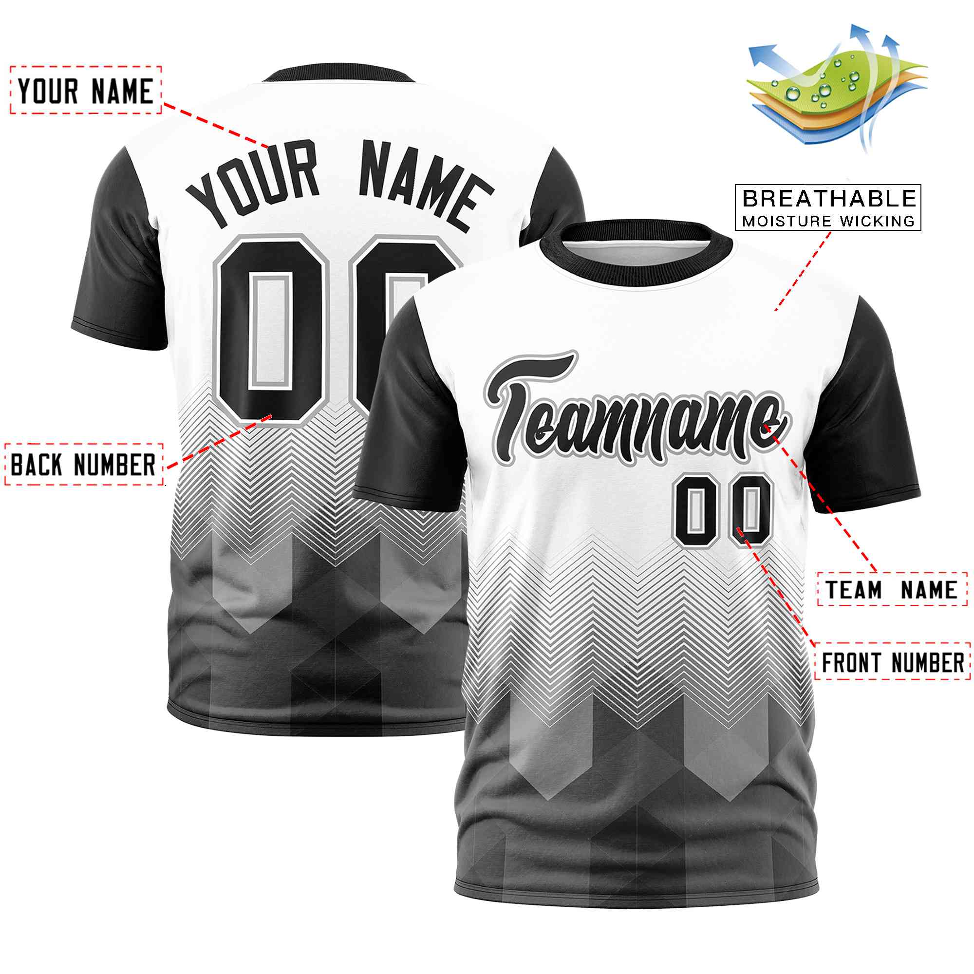 Custom White Black Gradient Ripple Fashion Raglan Sleeves Performance T-Shirt