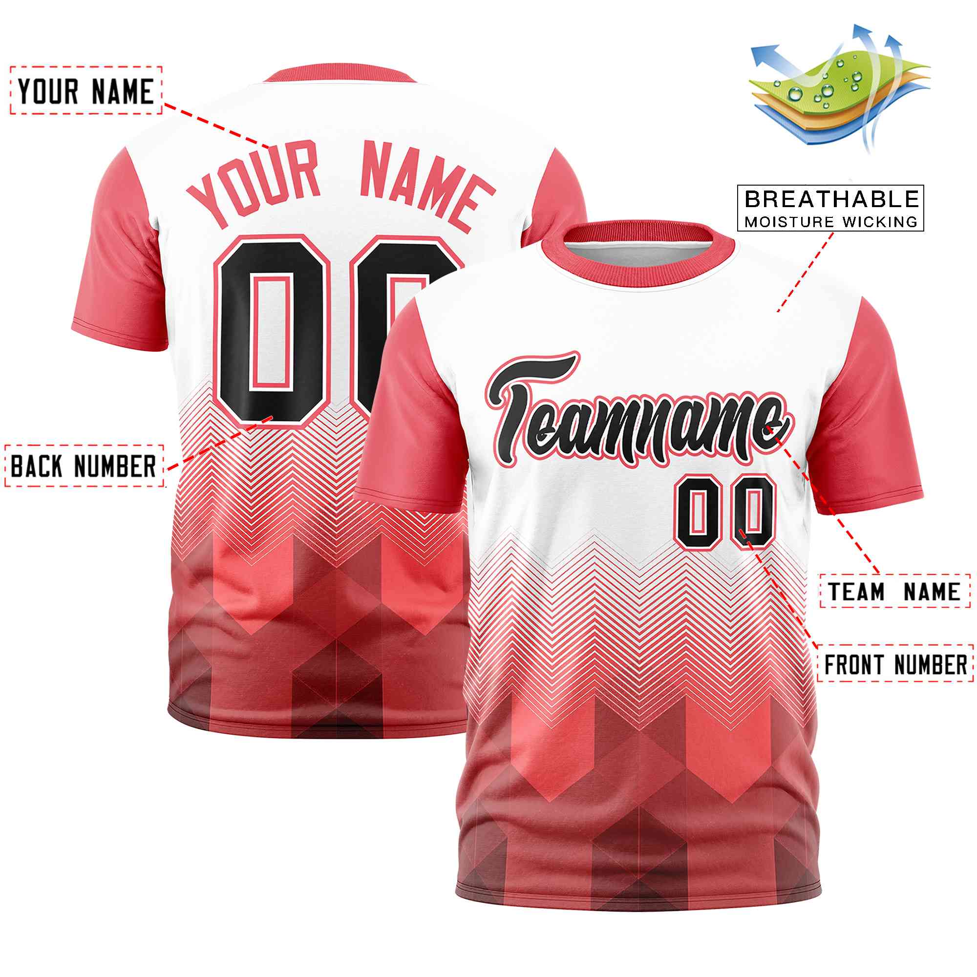 Custom White Light Red Gradient Ripple Fashion Raglan Sleeves Performance T-Shirt