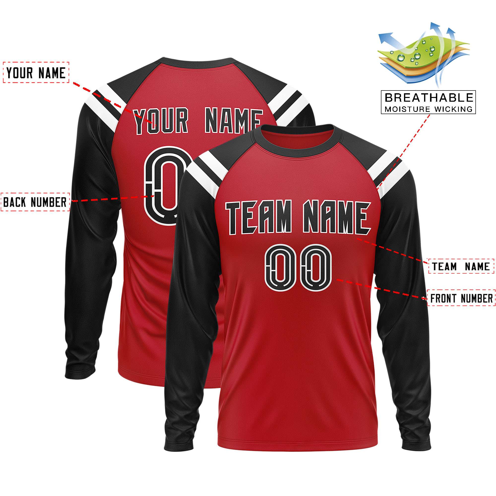 Custom Red Black-White Crew Neck Personalized Raglan Long Sleeve Performance T-Shirt