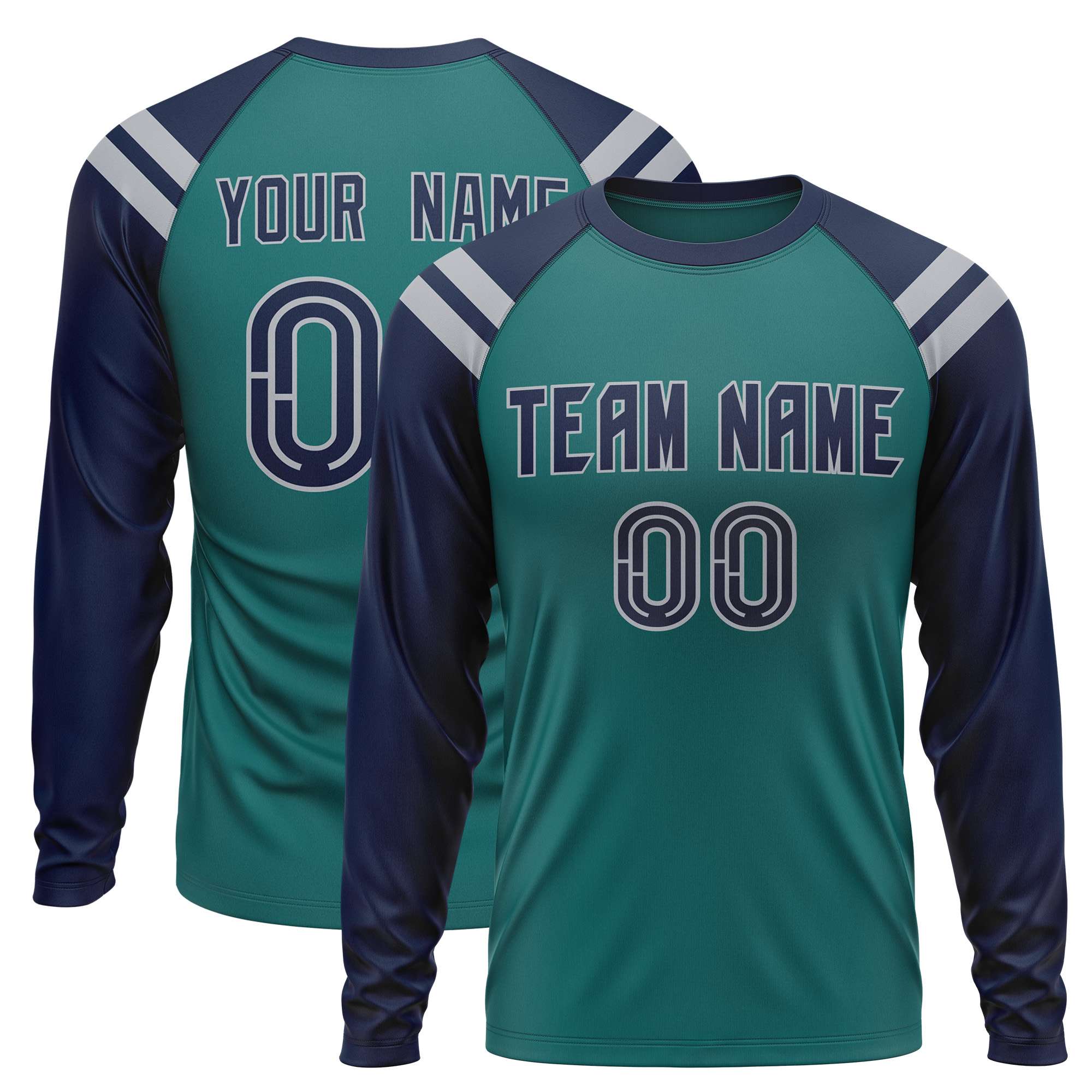 Custom Aqua Navy-Dark Gray Crew Neck Personalized Raglan Long Sleeve Performance T-Shirt