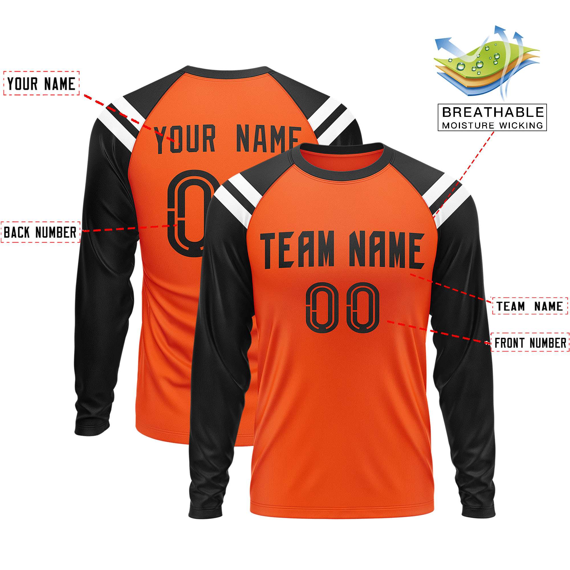 Custom Orange Black-White Crew Neck Personalized Raglan Long Sleeve Performance T-Shirt